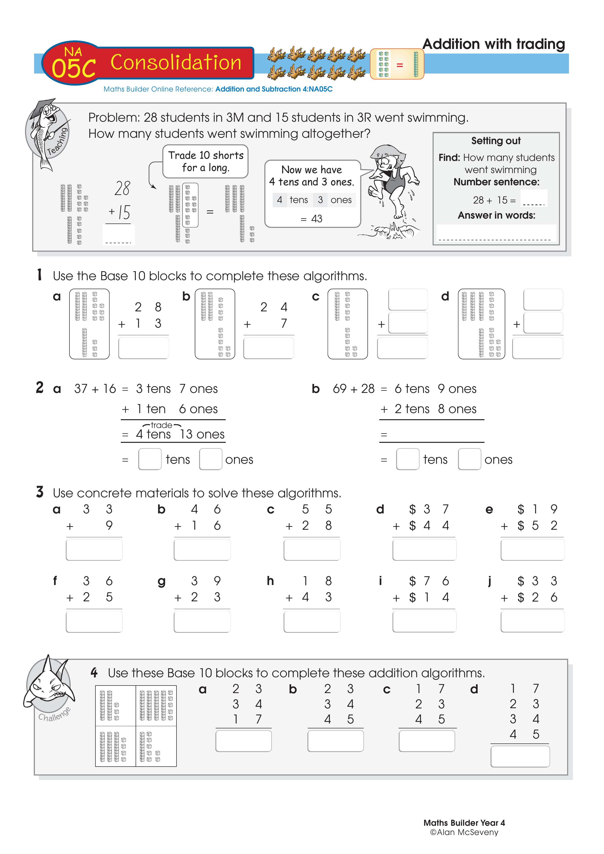 Addition with trading — worksheet preview