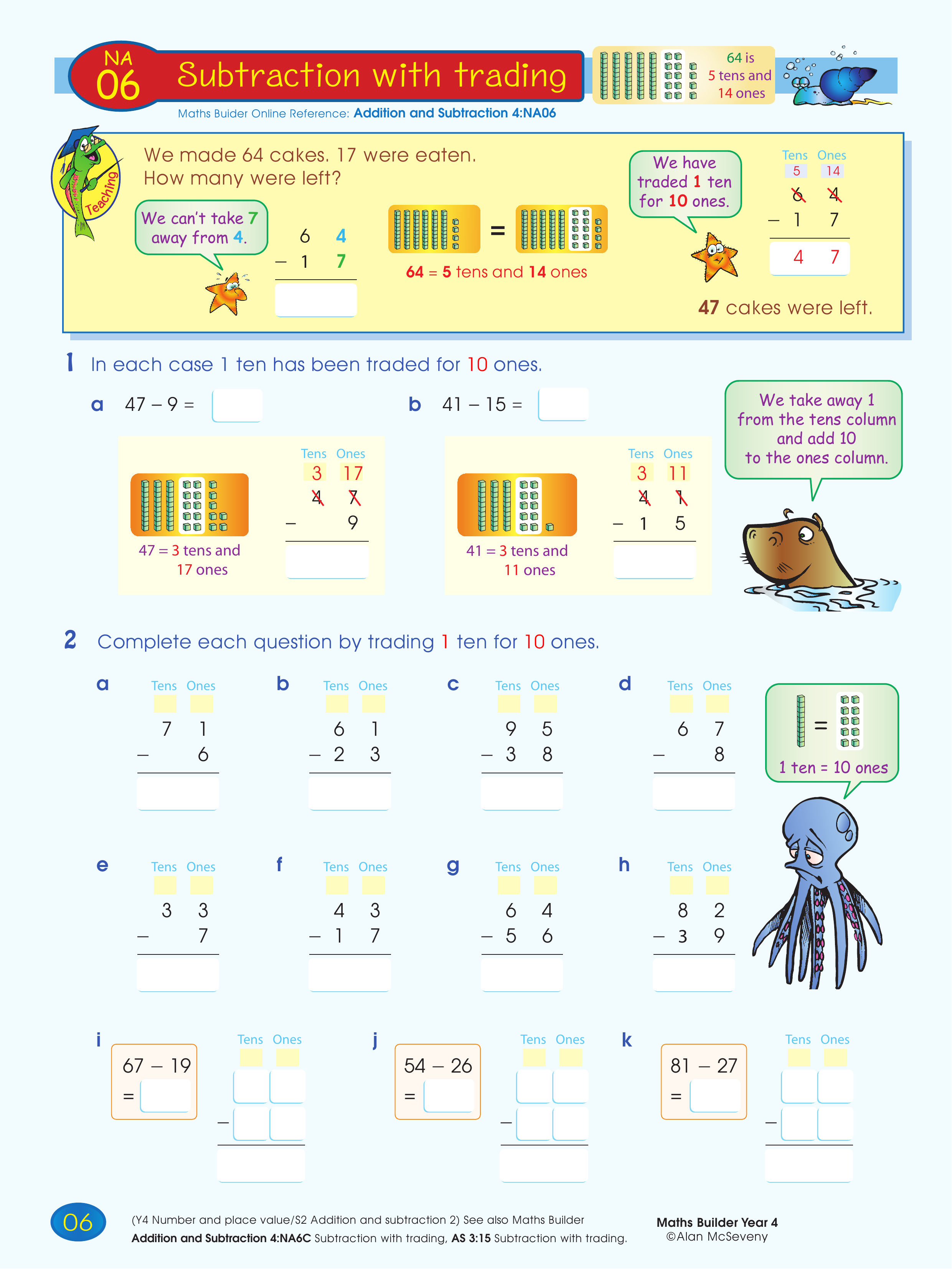 Subtraction with trading — worksheet preview