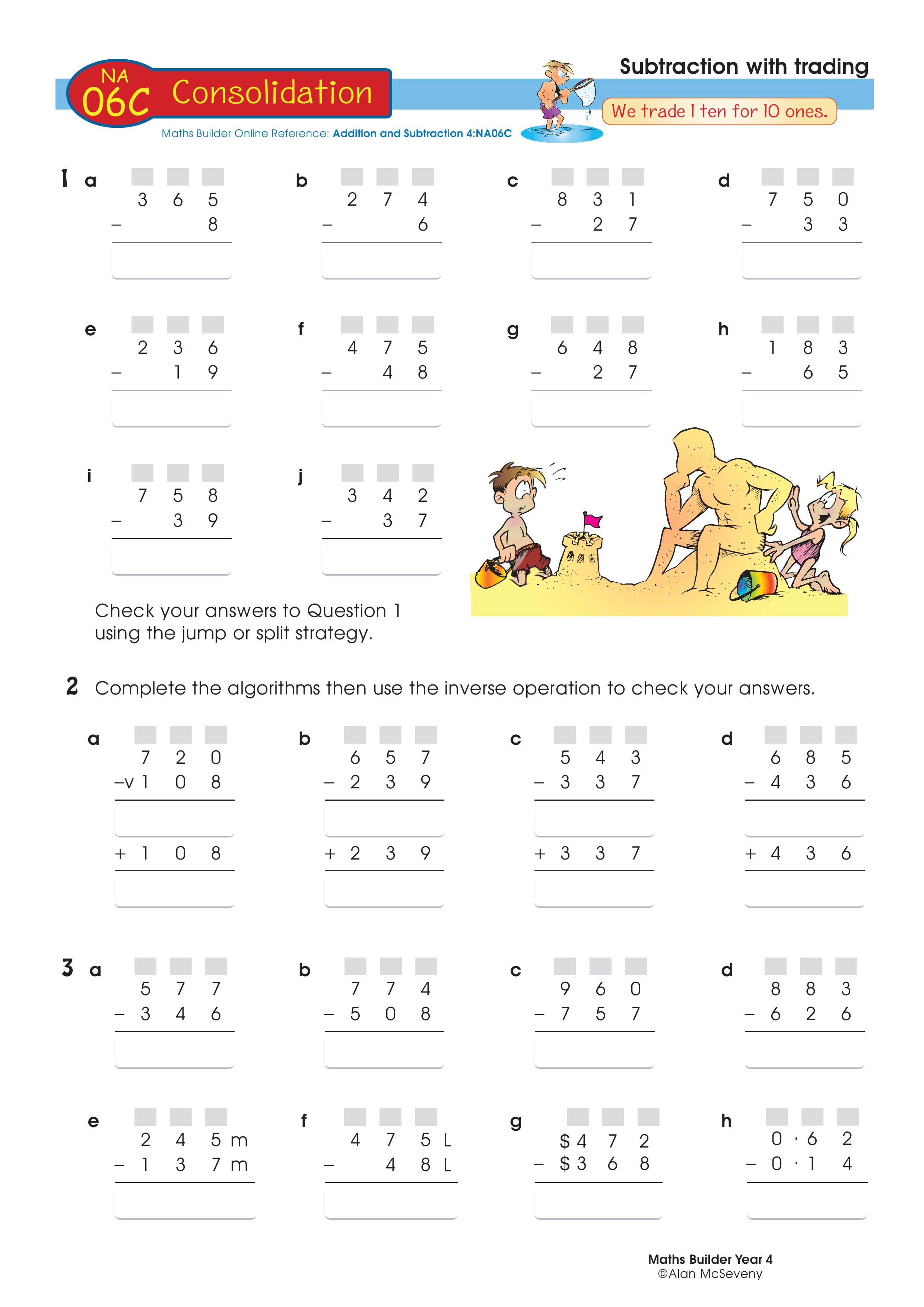Subtraction with trading — worksheet preview