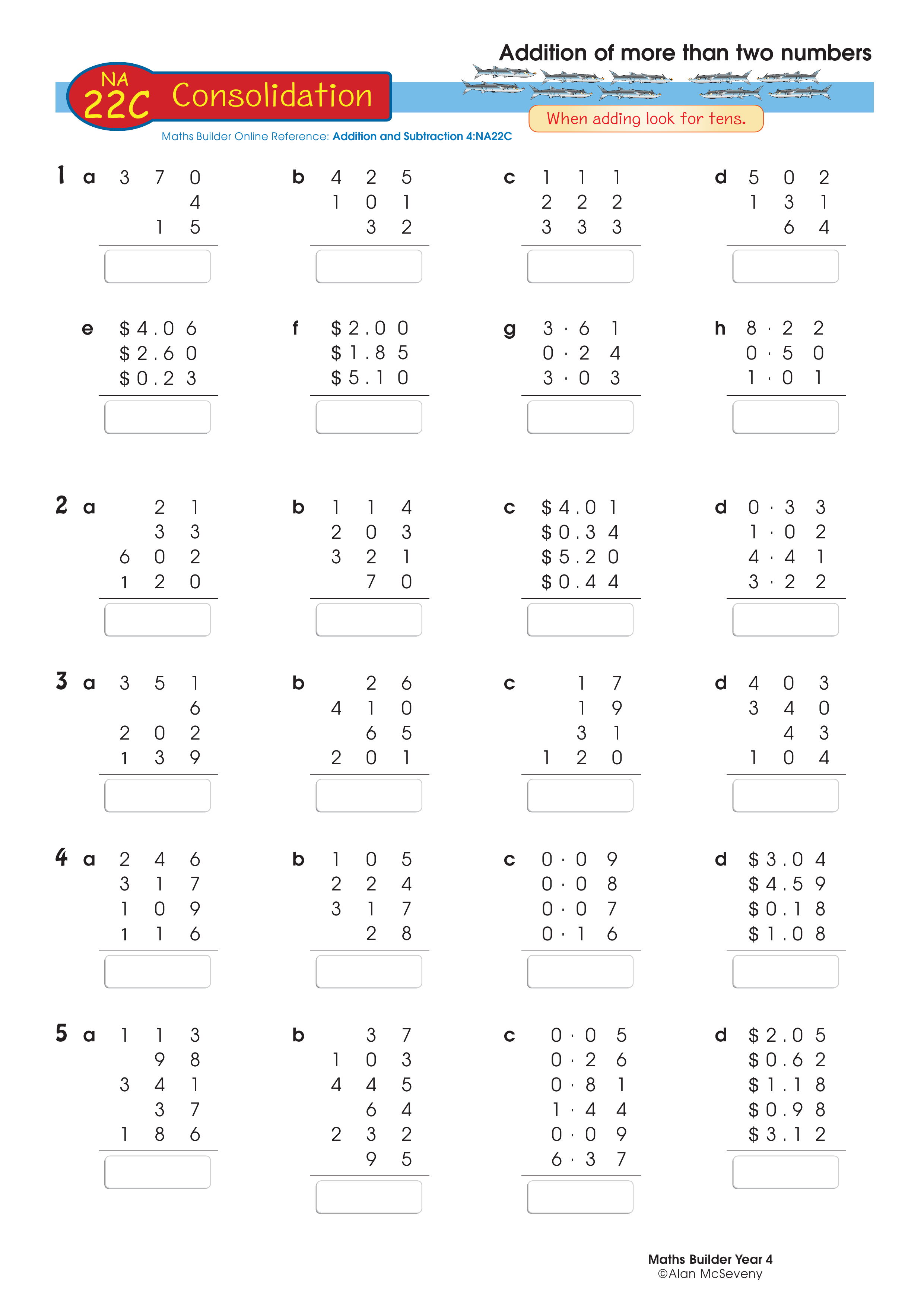 Addition of more than two numbers — worksheet preview