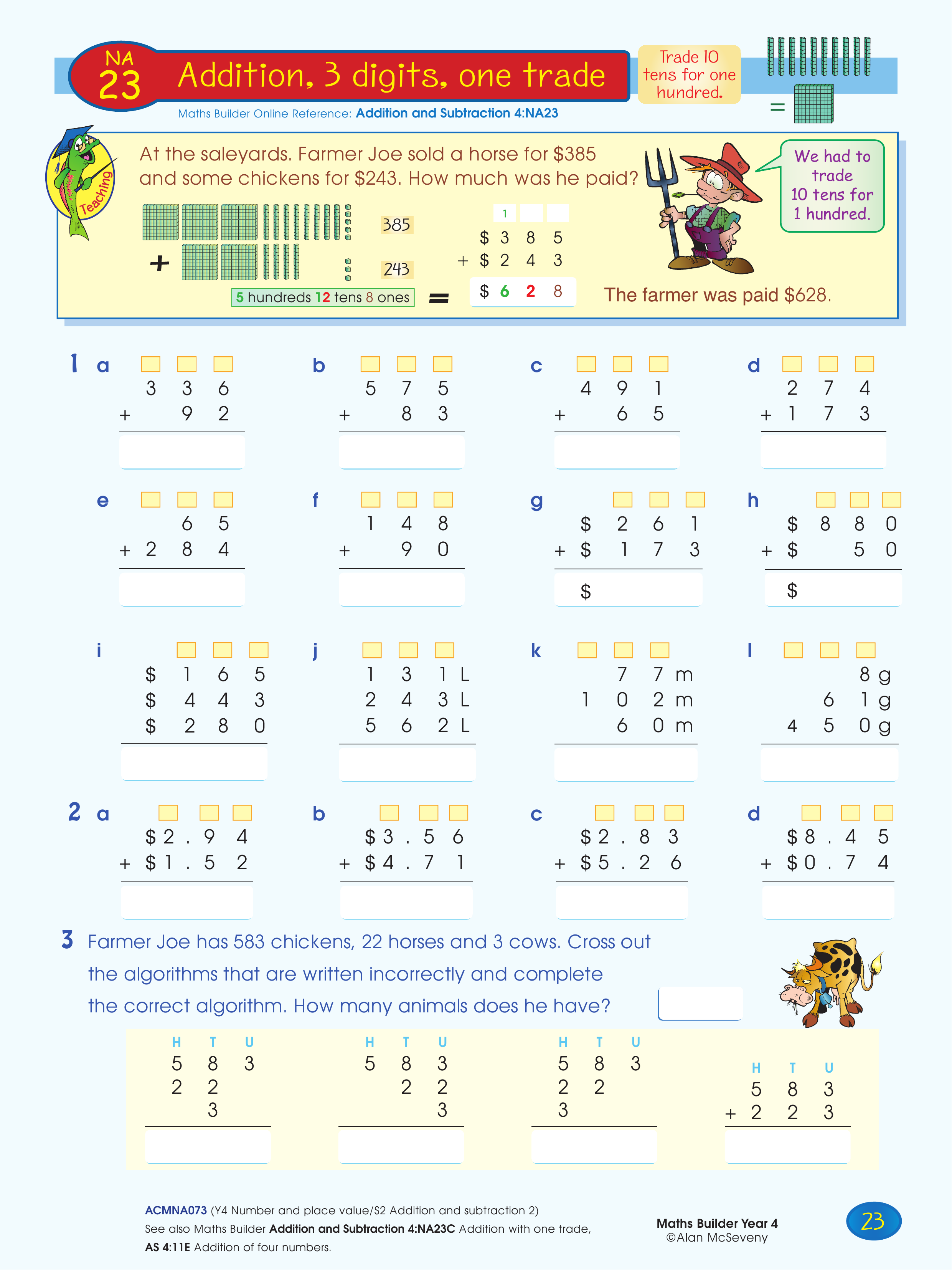 Addition, 3 digits, one trade — worksheet preview