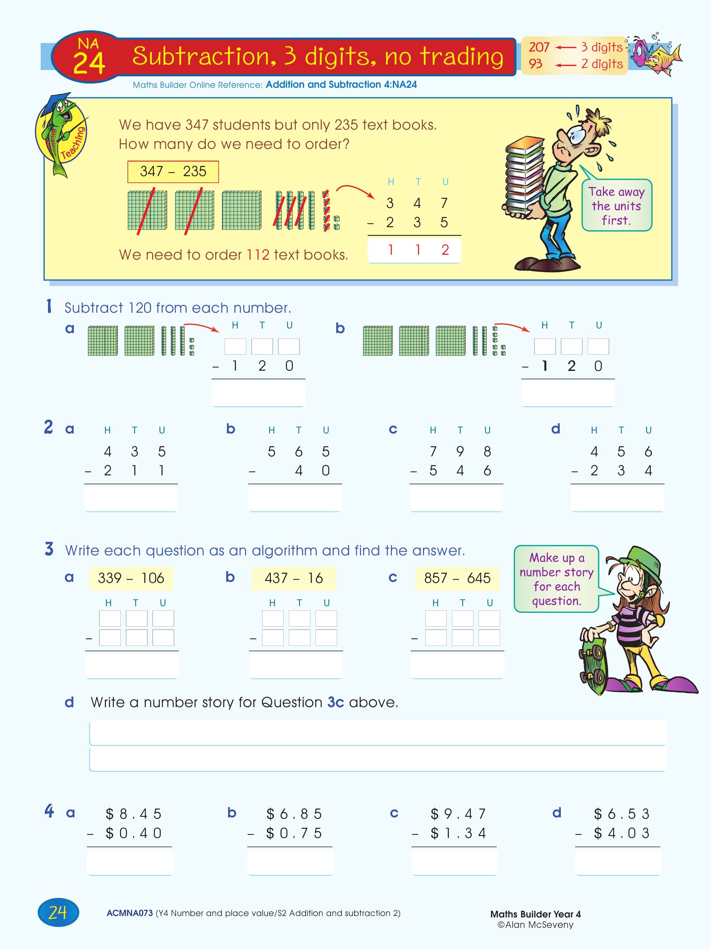 Subtraction, 3 digits, no trading — worksheet preview