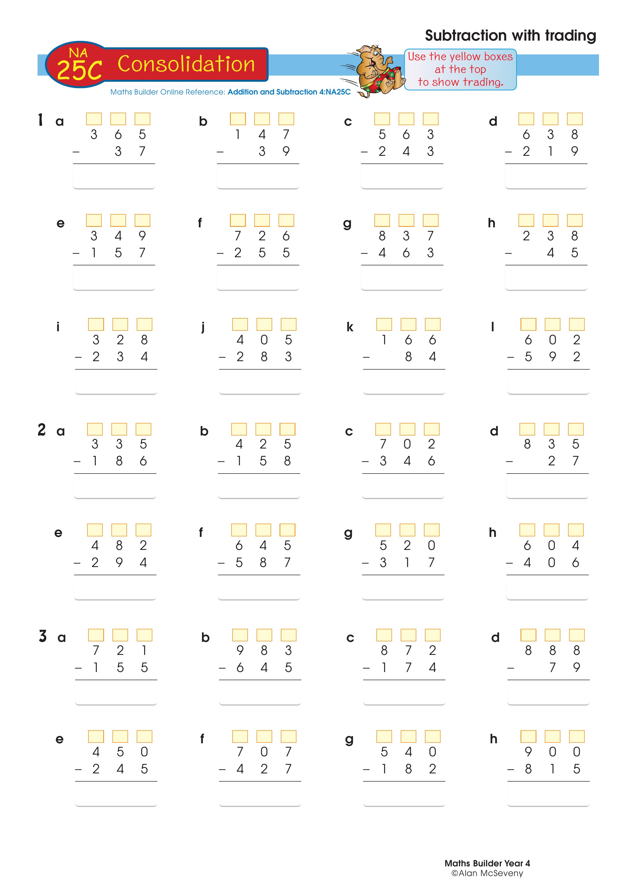 Subtraction with trading — worksheet preview