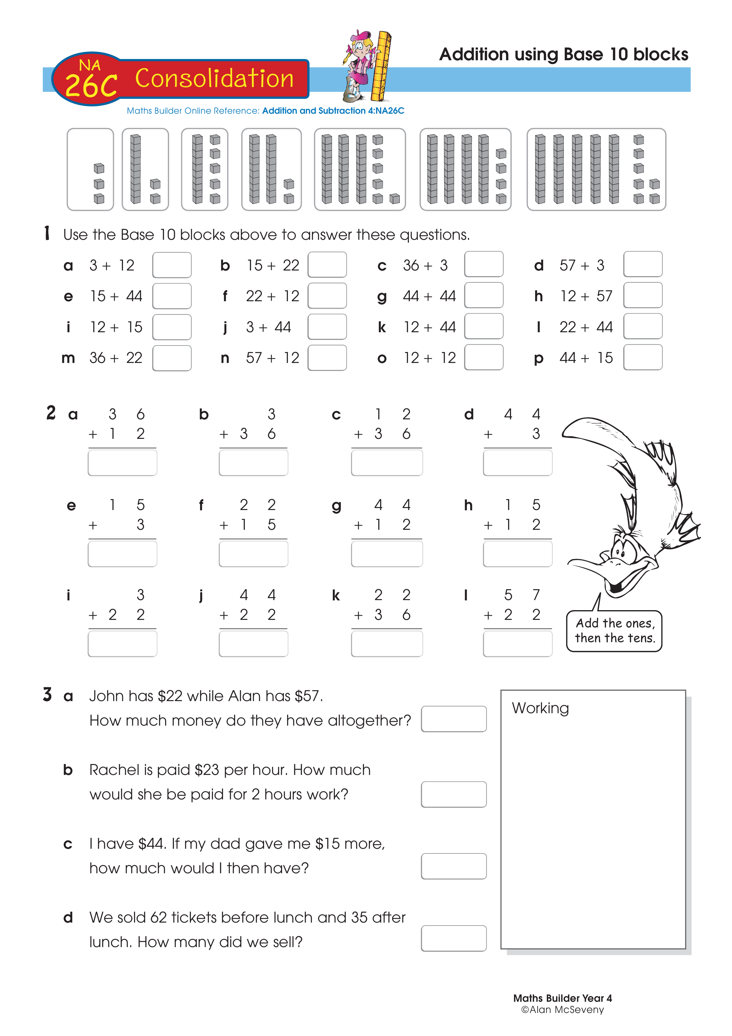 Addition using Base 10 blocks — worksheet preview