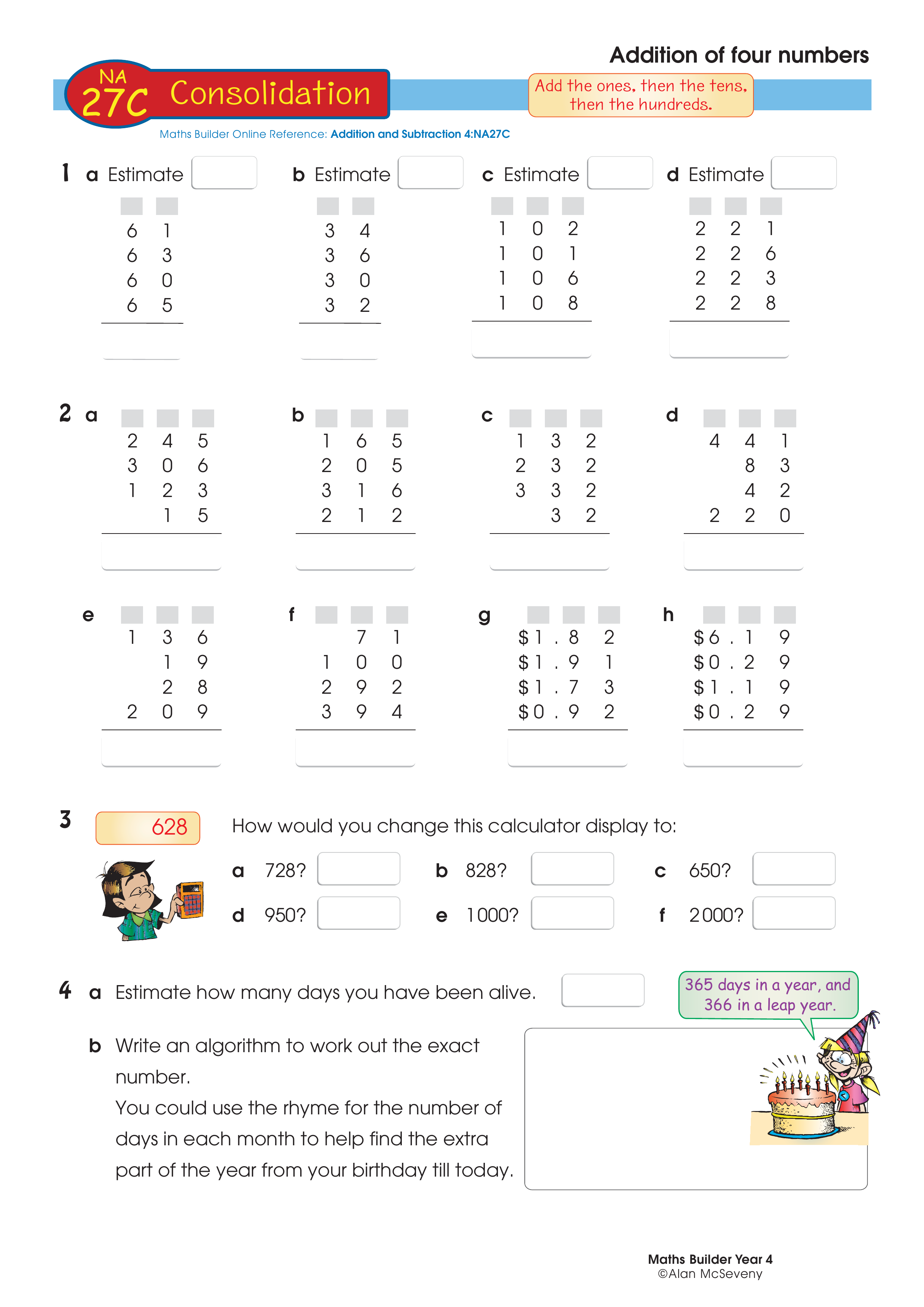 Addition of four numbers — worksheet preview