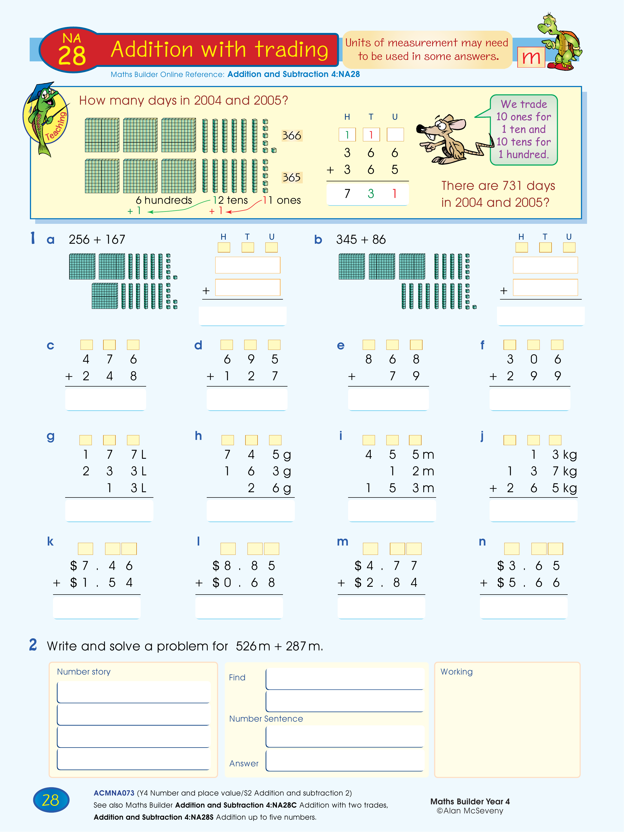 Addition with trading — worksheet preview