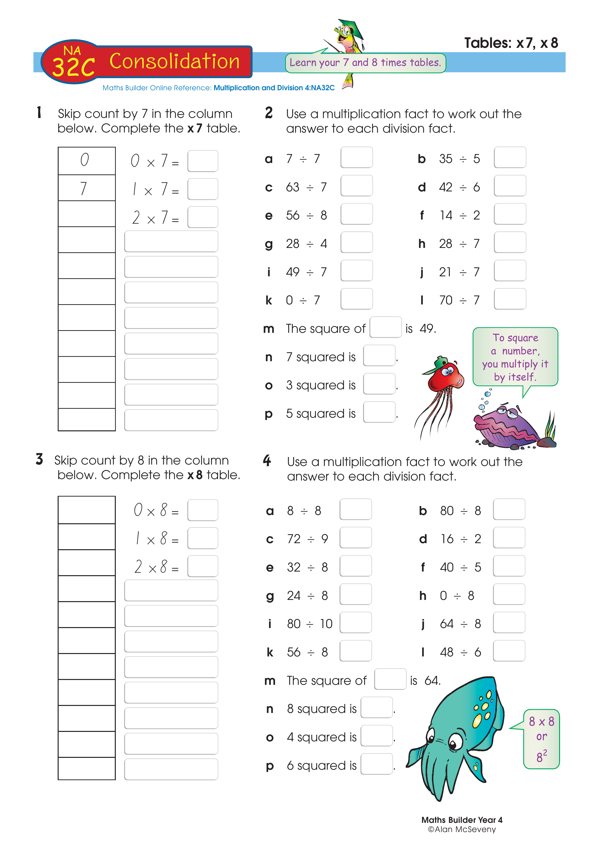 Tables: x 7, x 8 — worksheet preview