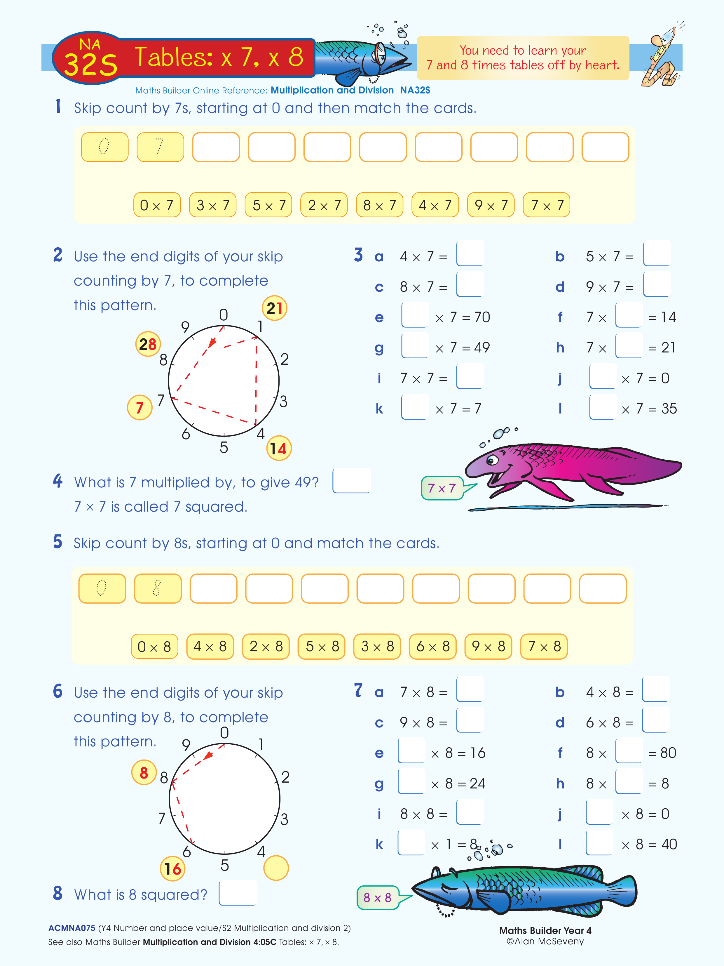 Tables: x 7, x 8 — worksheet preview
