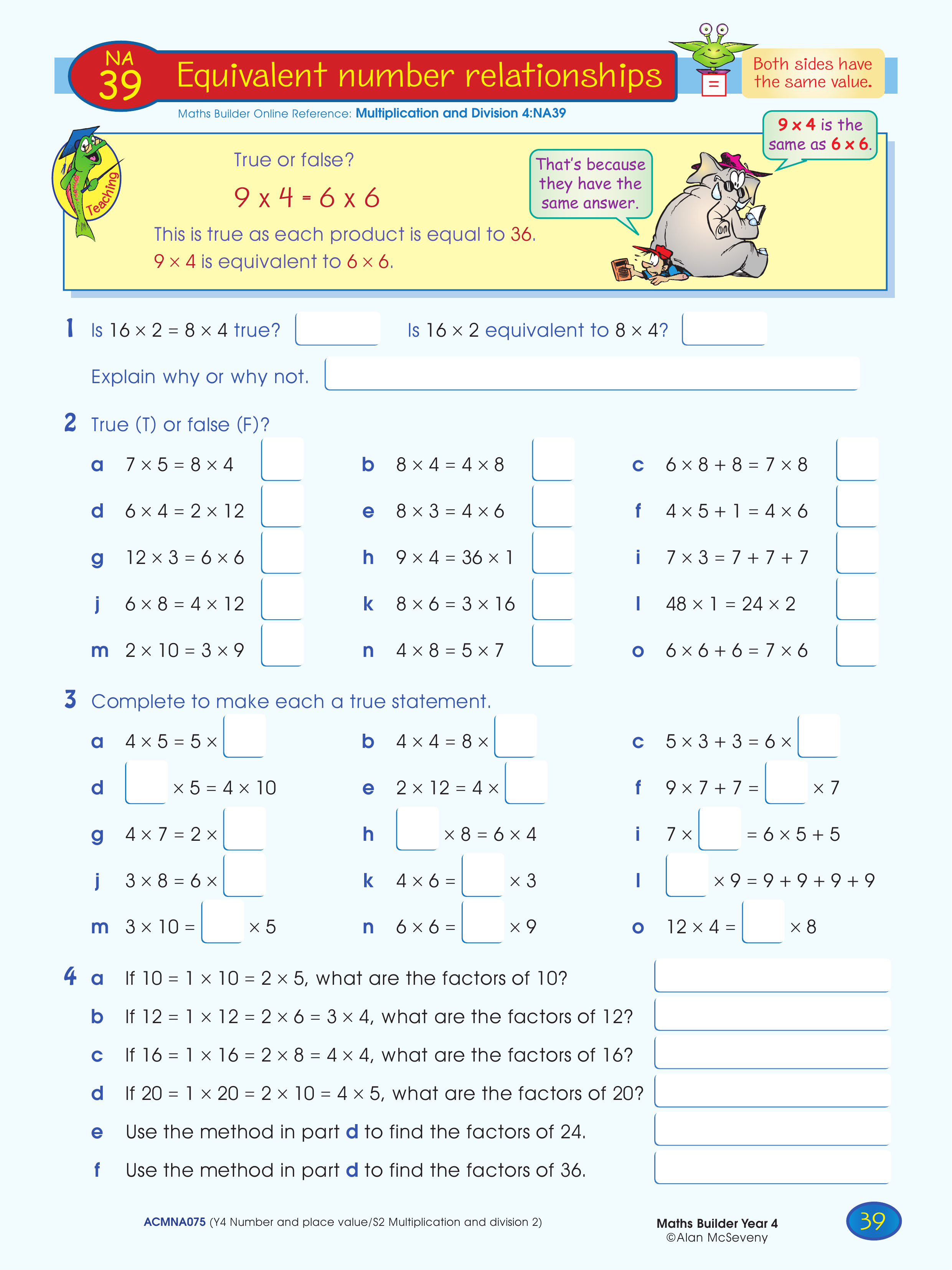 Equivalent number relationships — worksheet preview