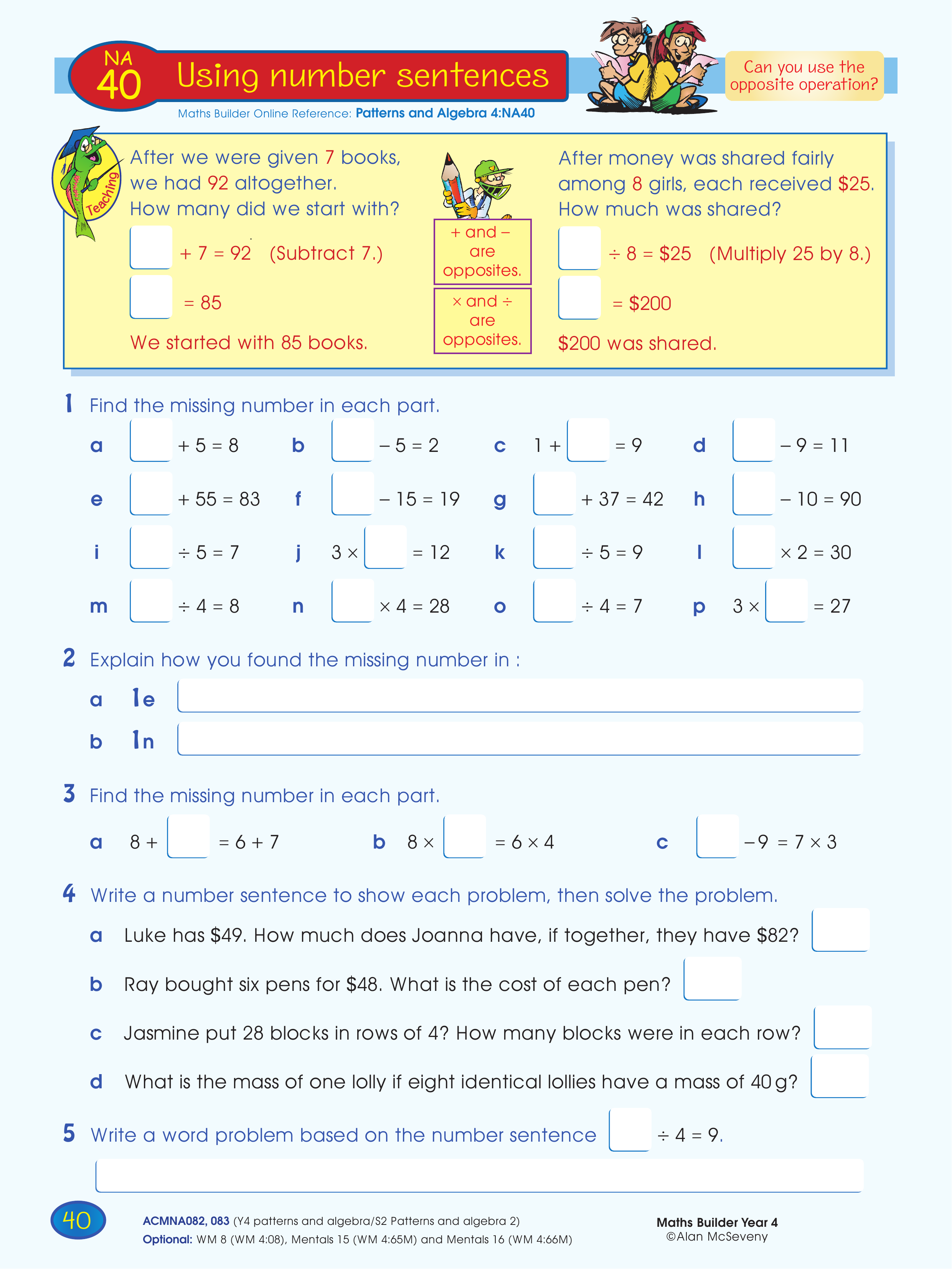 Using number sentences — worksheet preview