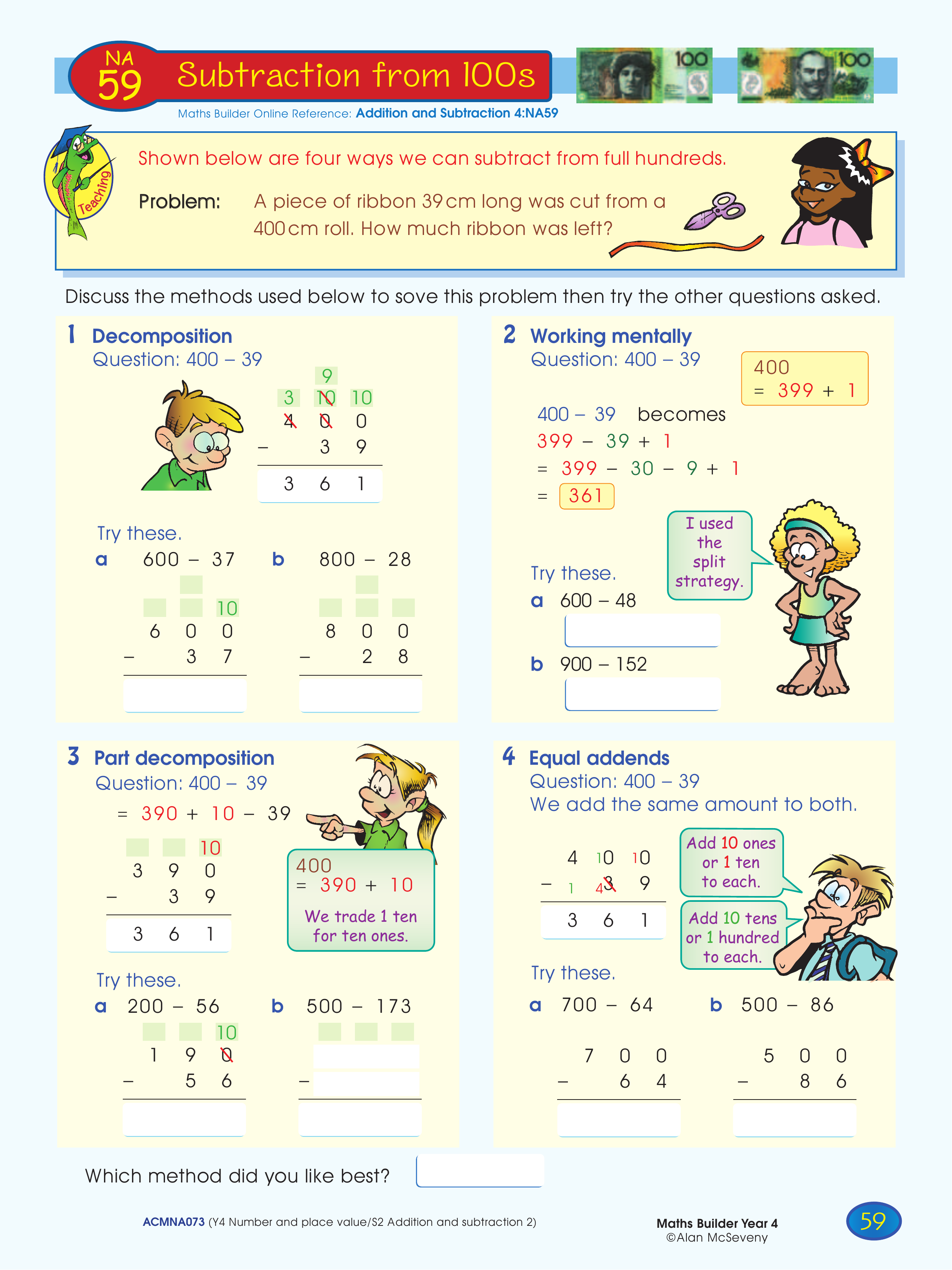 Subtraction from 100s — worksheet preview