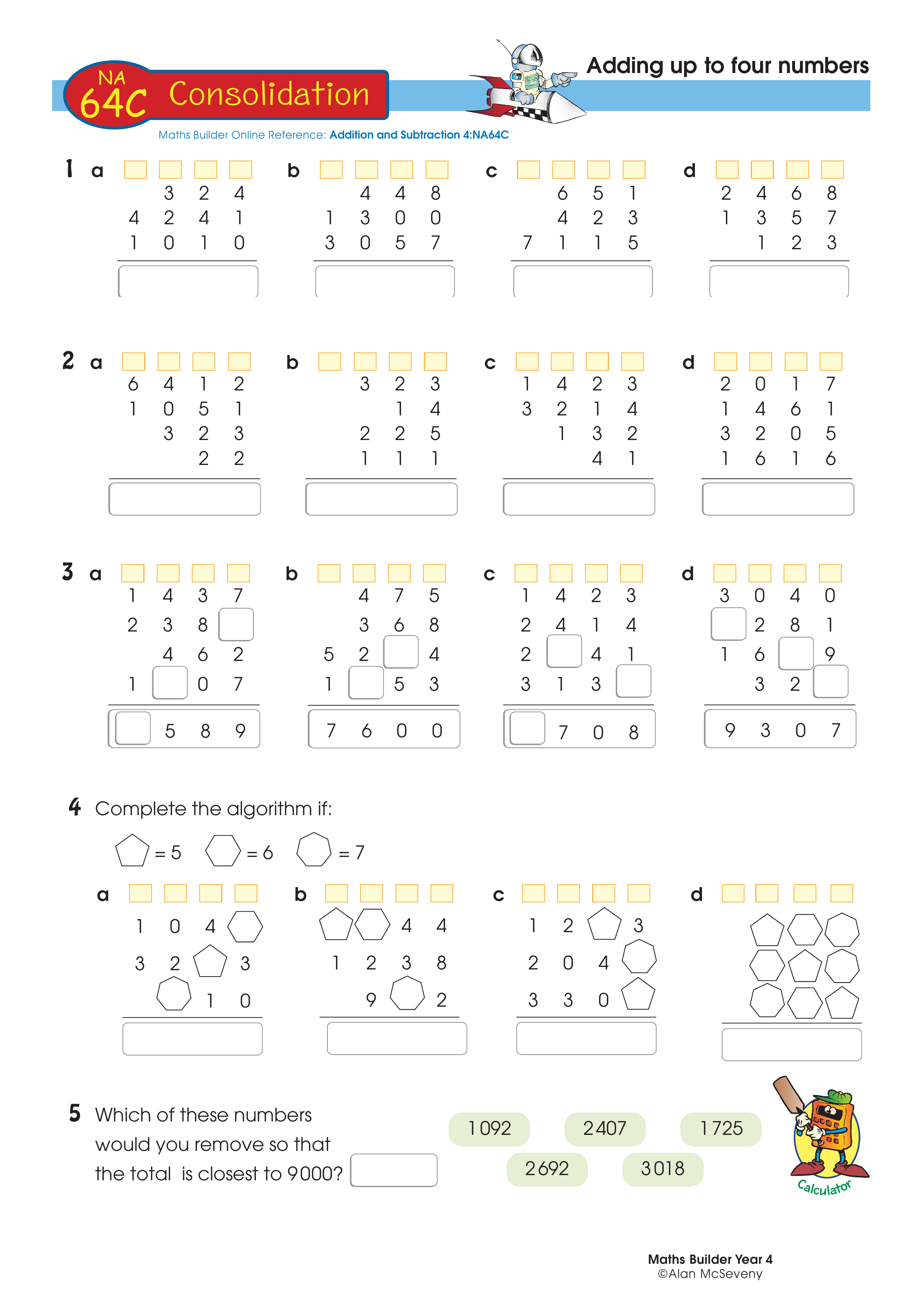 Adding up to four numbers — worksheet preview