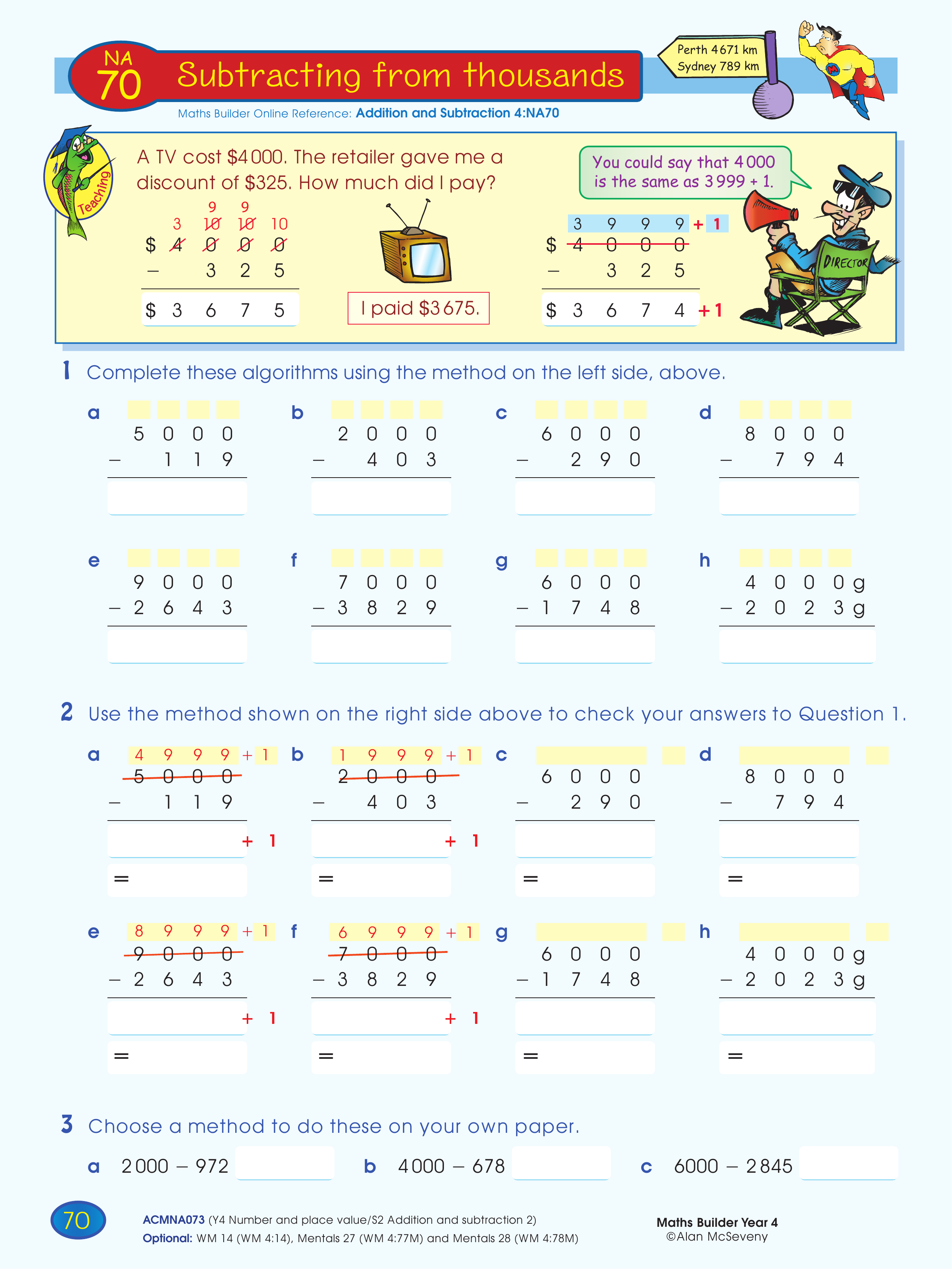 Subtracting from thousands — worksheet preview