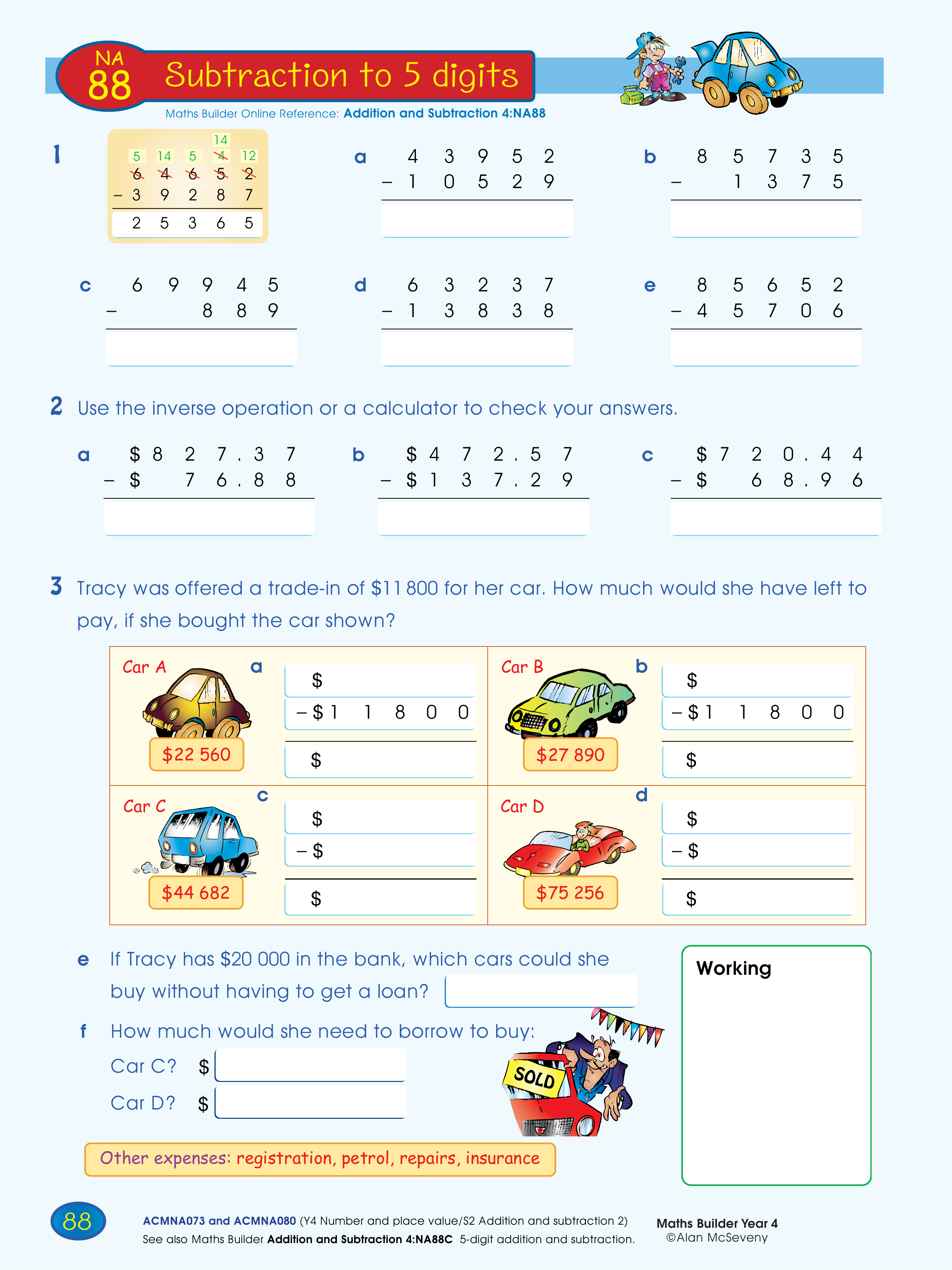 Subtraction to 5 digits — worksheet preview