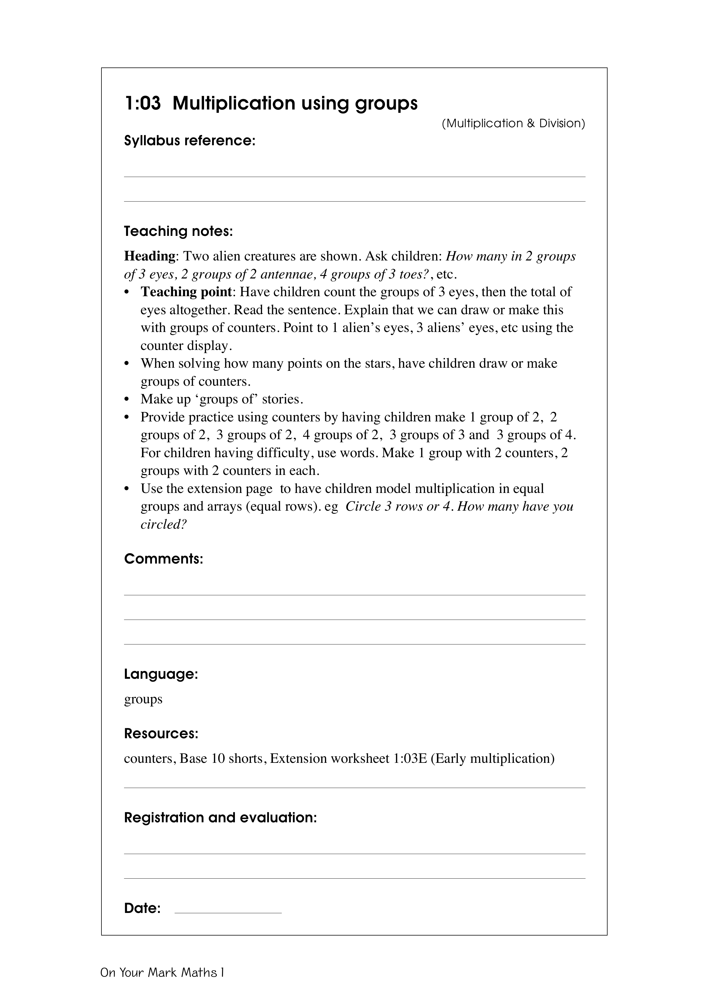 Multiplication using groups — worksheet preview