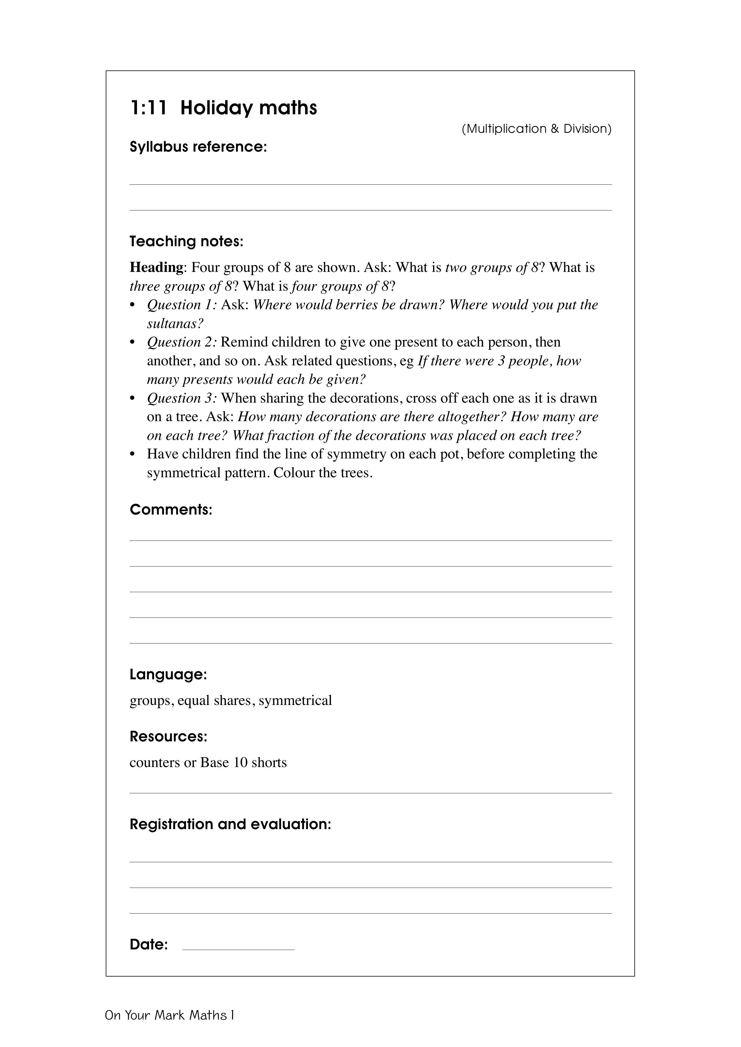 Holiday maths — worksheet preview