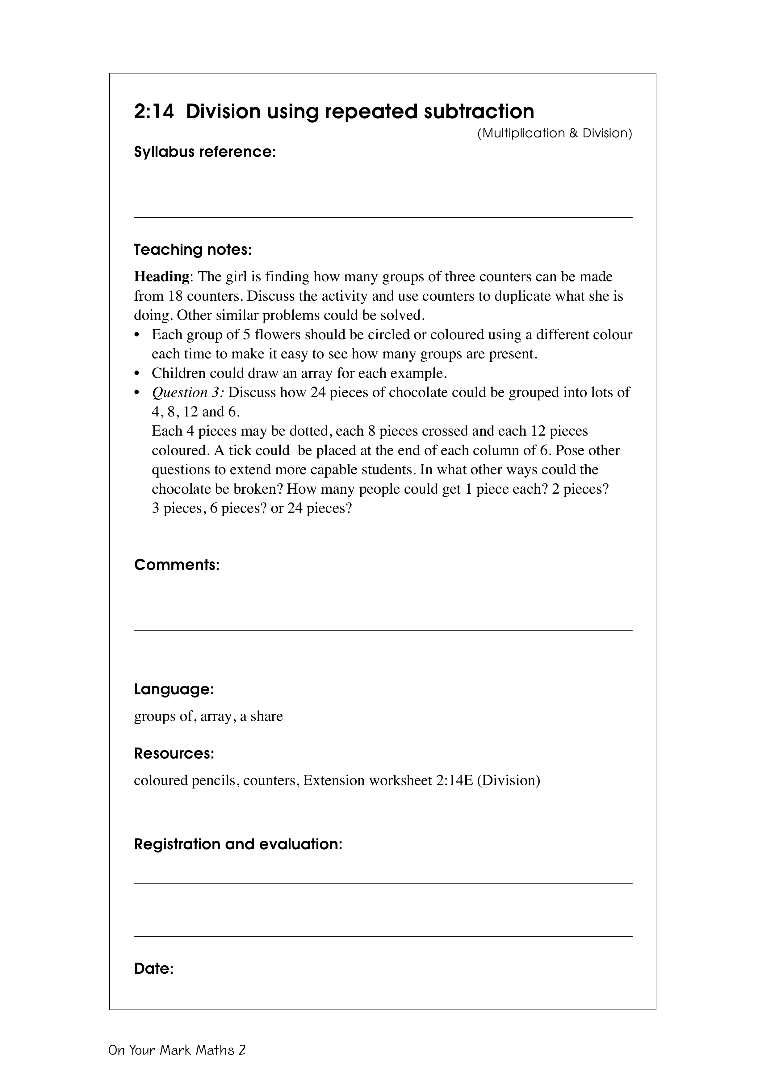 Division using repeated subtraction — worksheet preview
