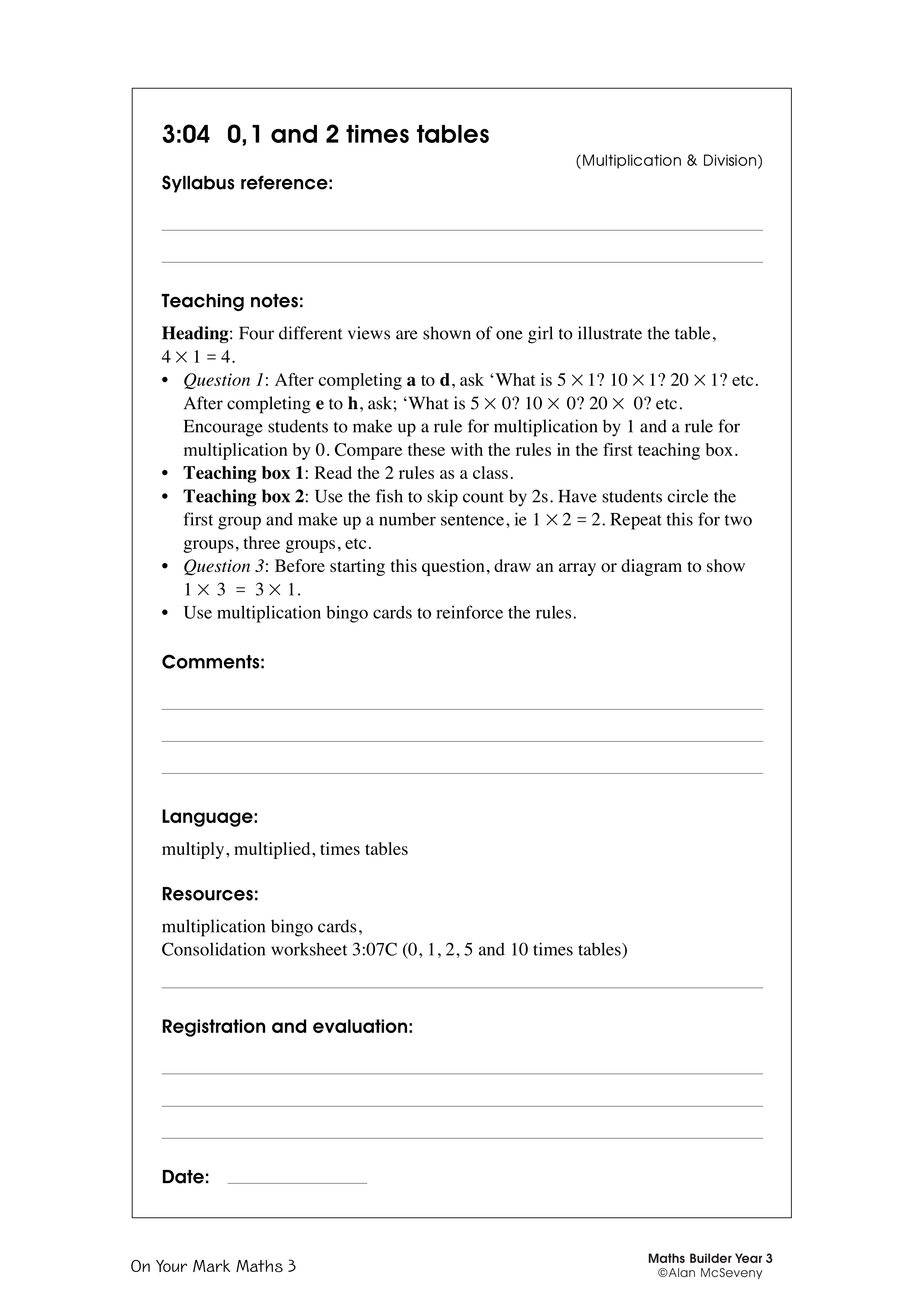 0, 1 and 2 times tables — worksheet preview