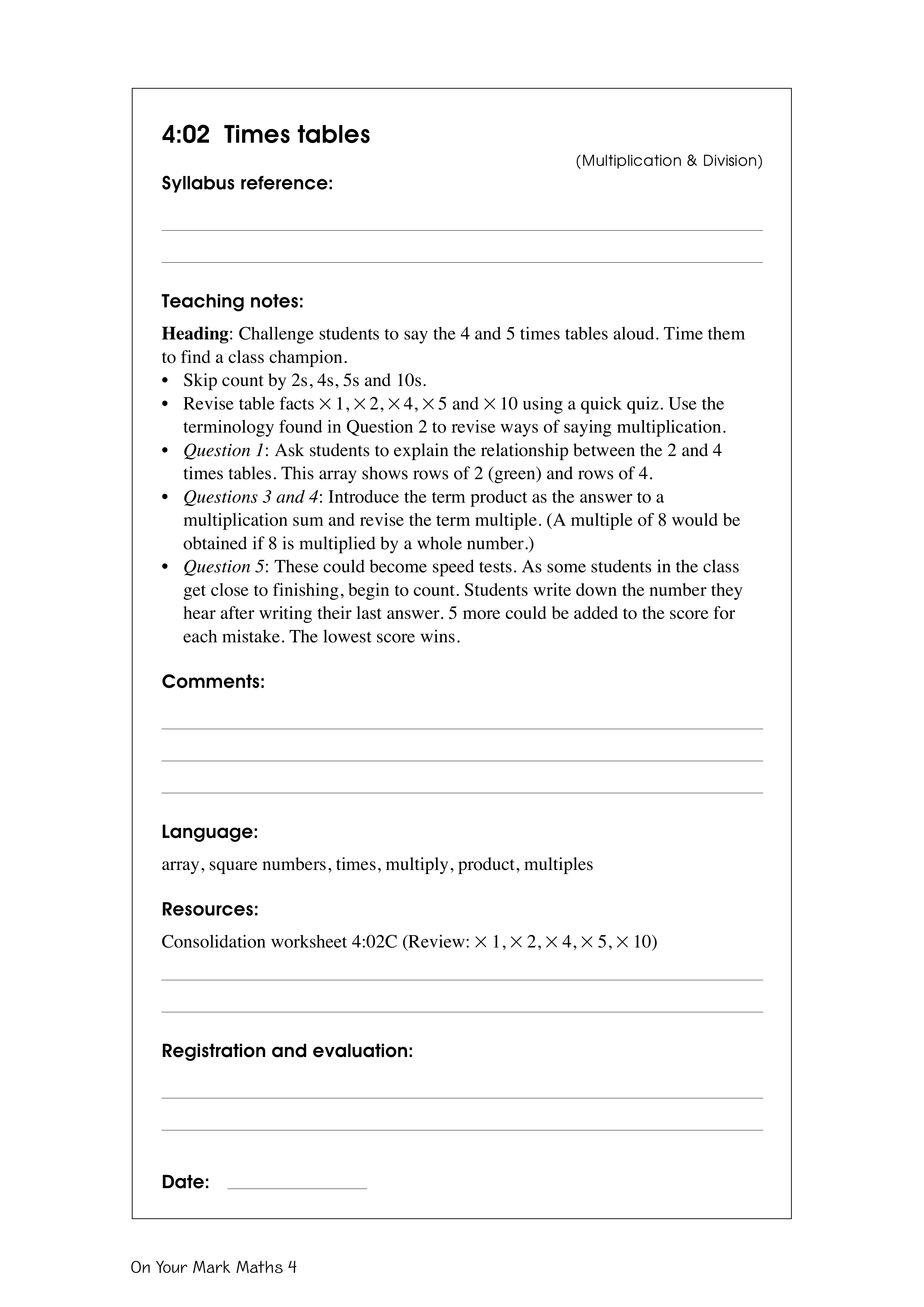 Times tables — worksheet preview