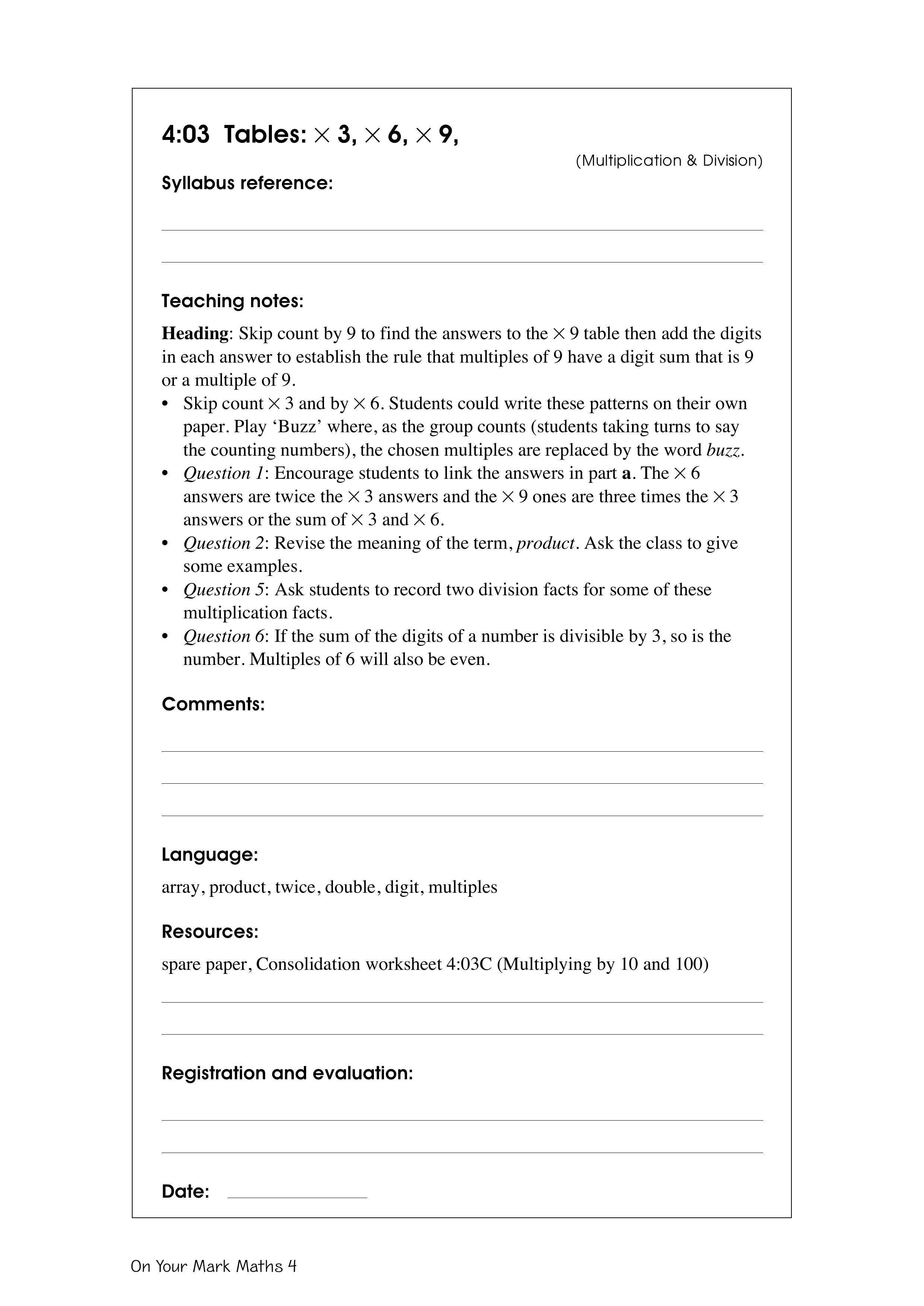 Tables: x 3, x 6, x 9 — worksheet preview