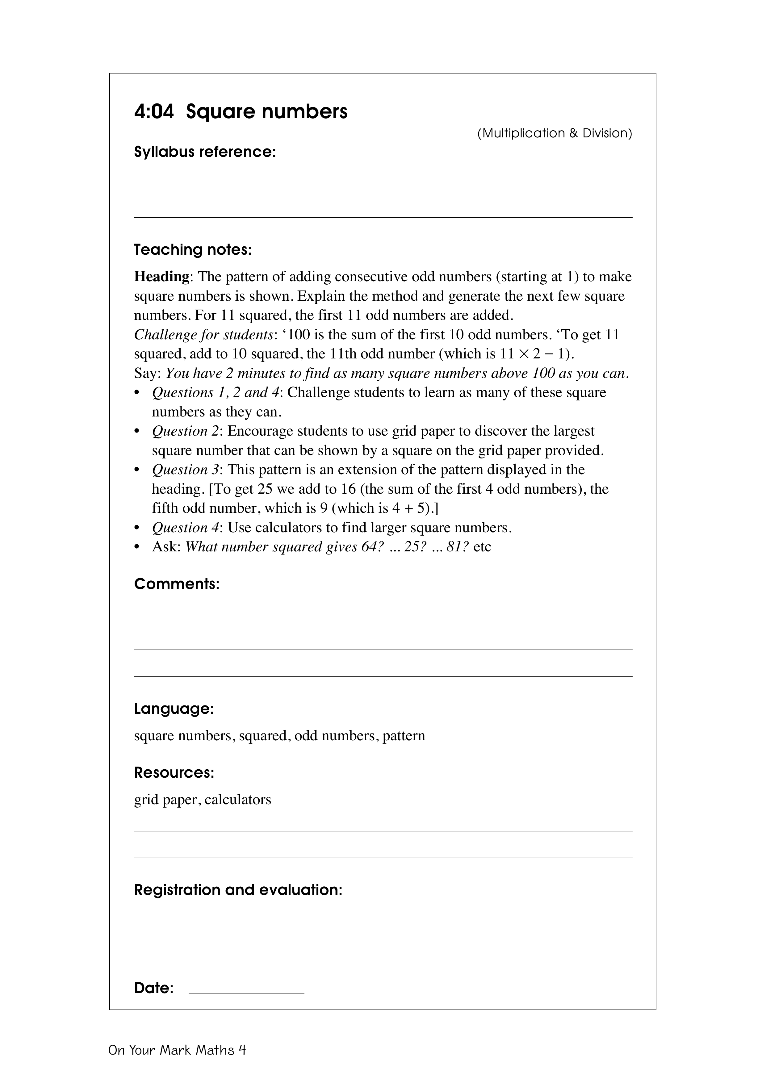 Square numbers — worksheet preview