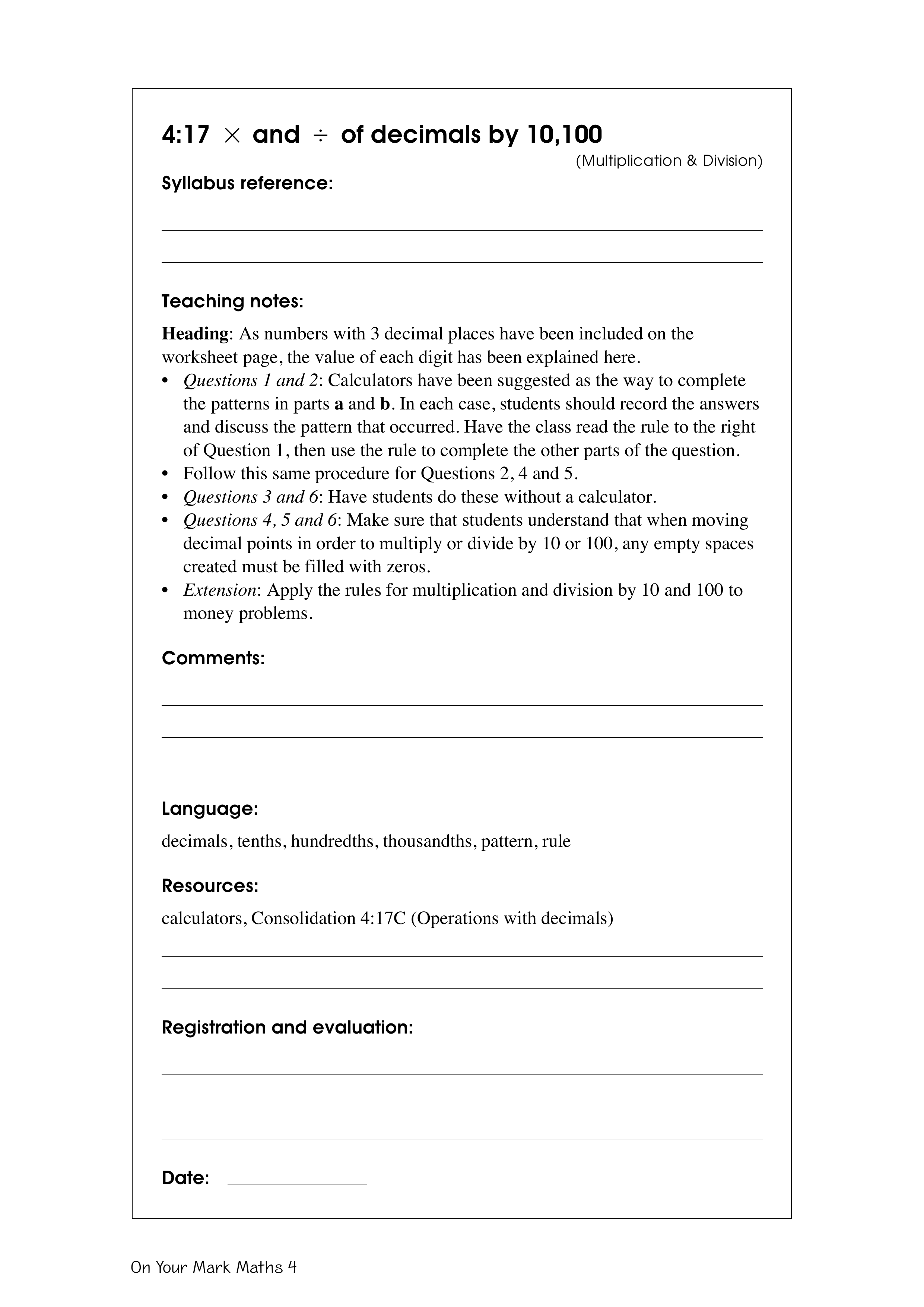 x and ÷ of decimals by 10, 100 — worksheet preview