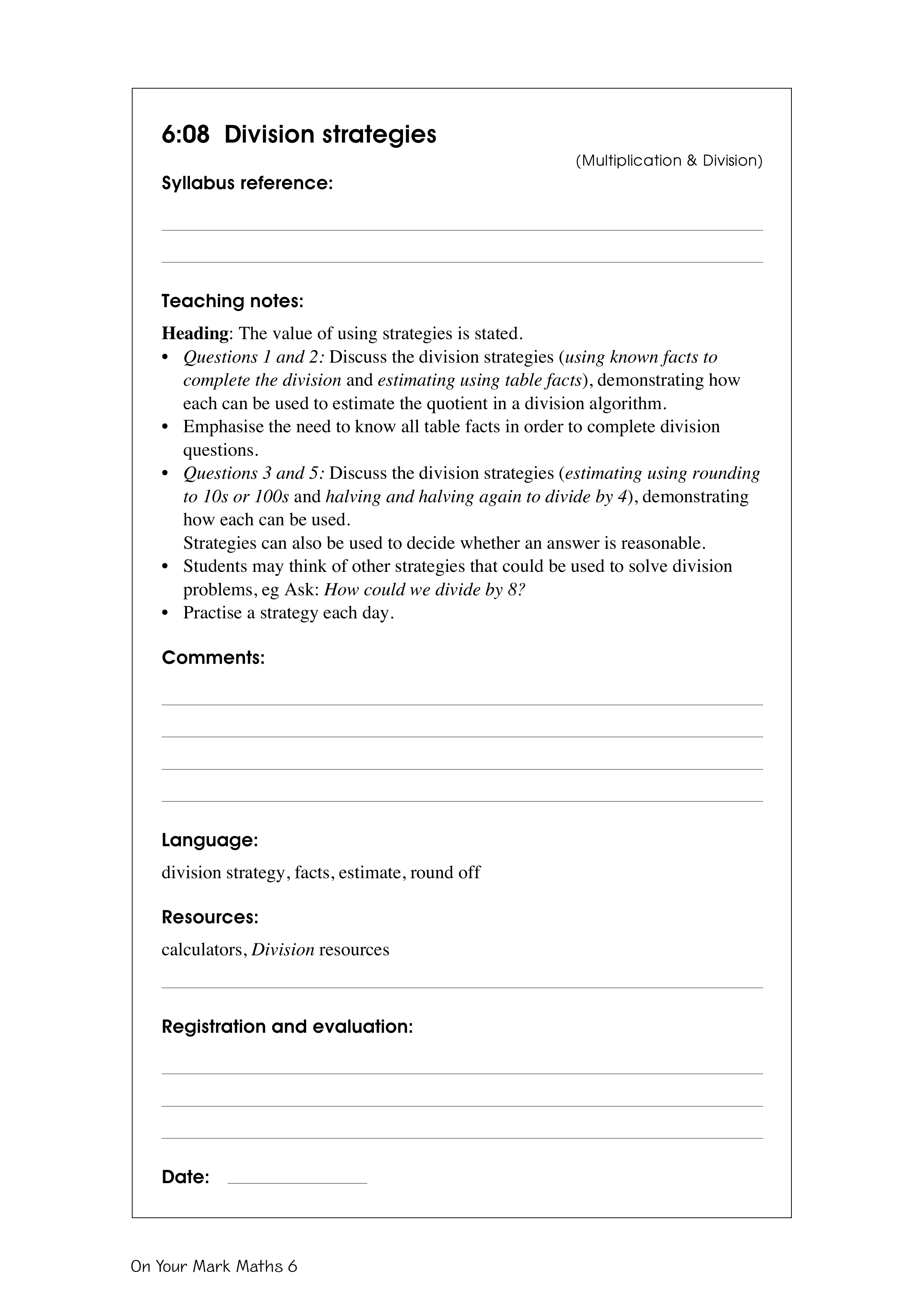 Division strategies — worksheet preview