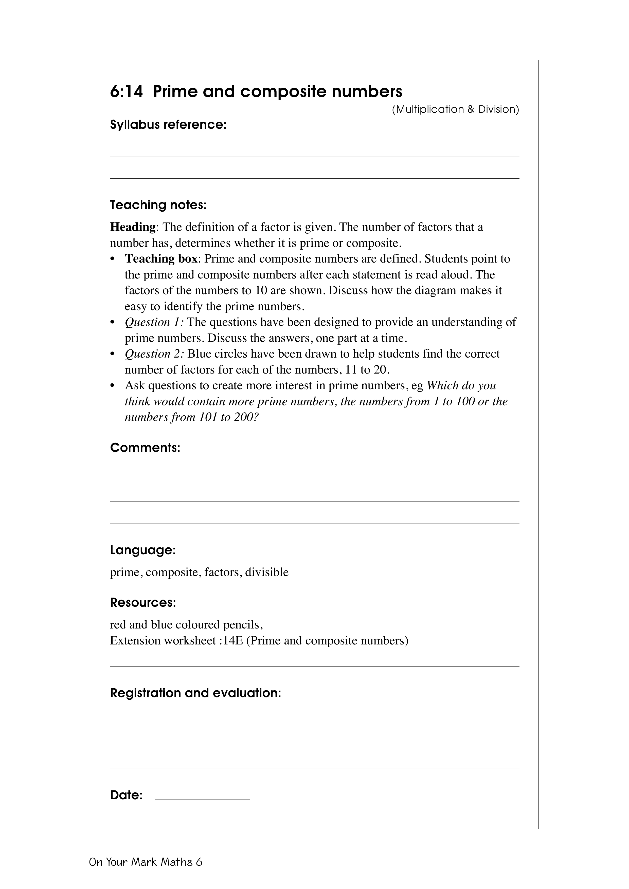 Prime and composite numbers — worksheet preview