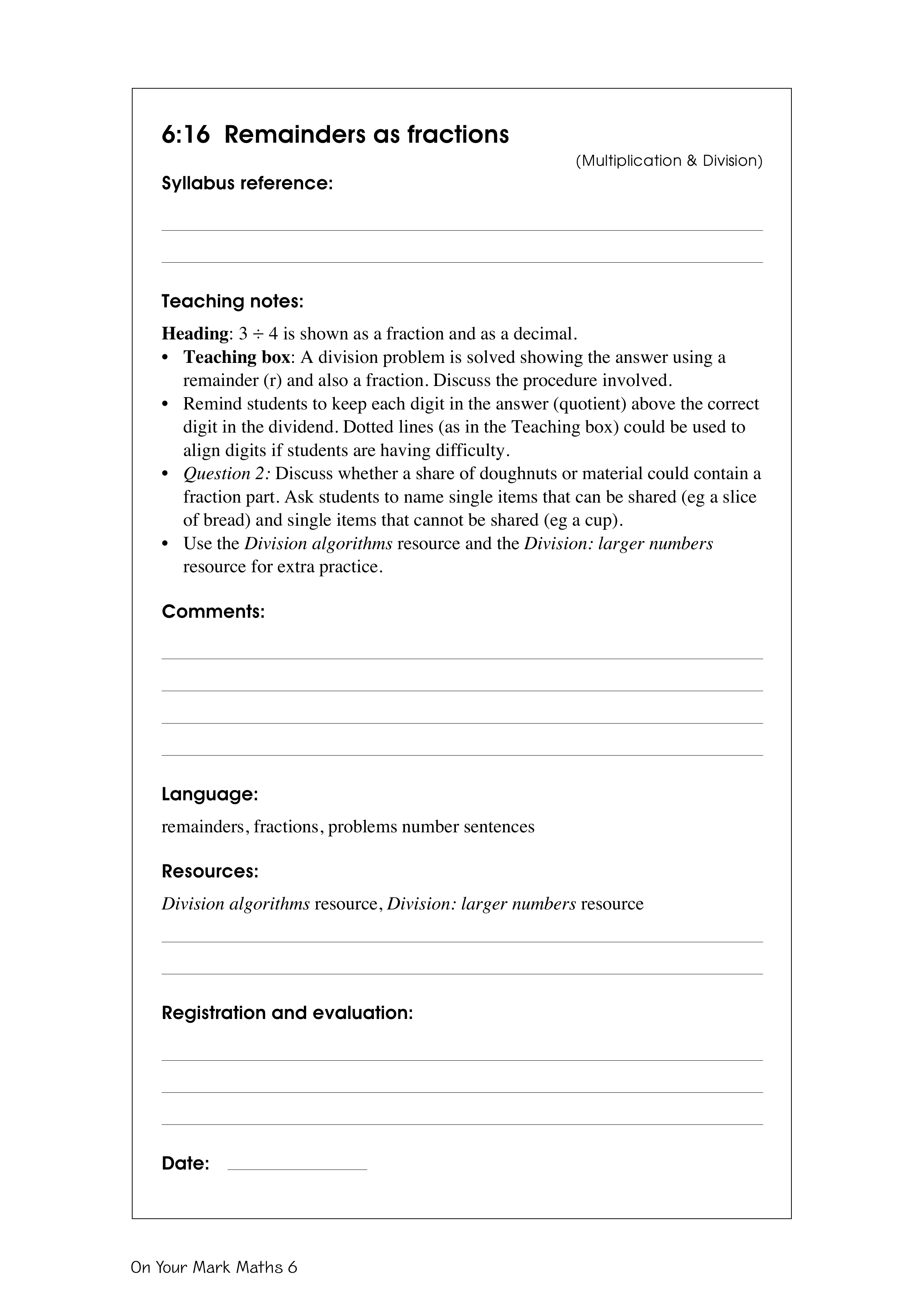 Remainders as fractions — worksheet preview