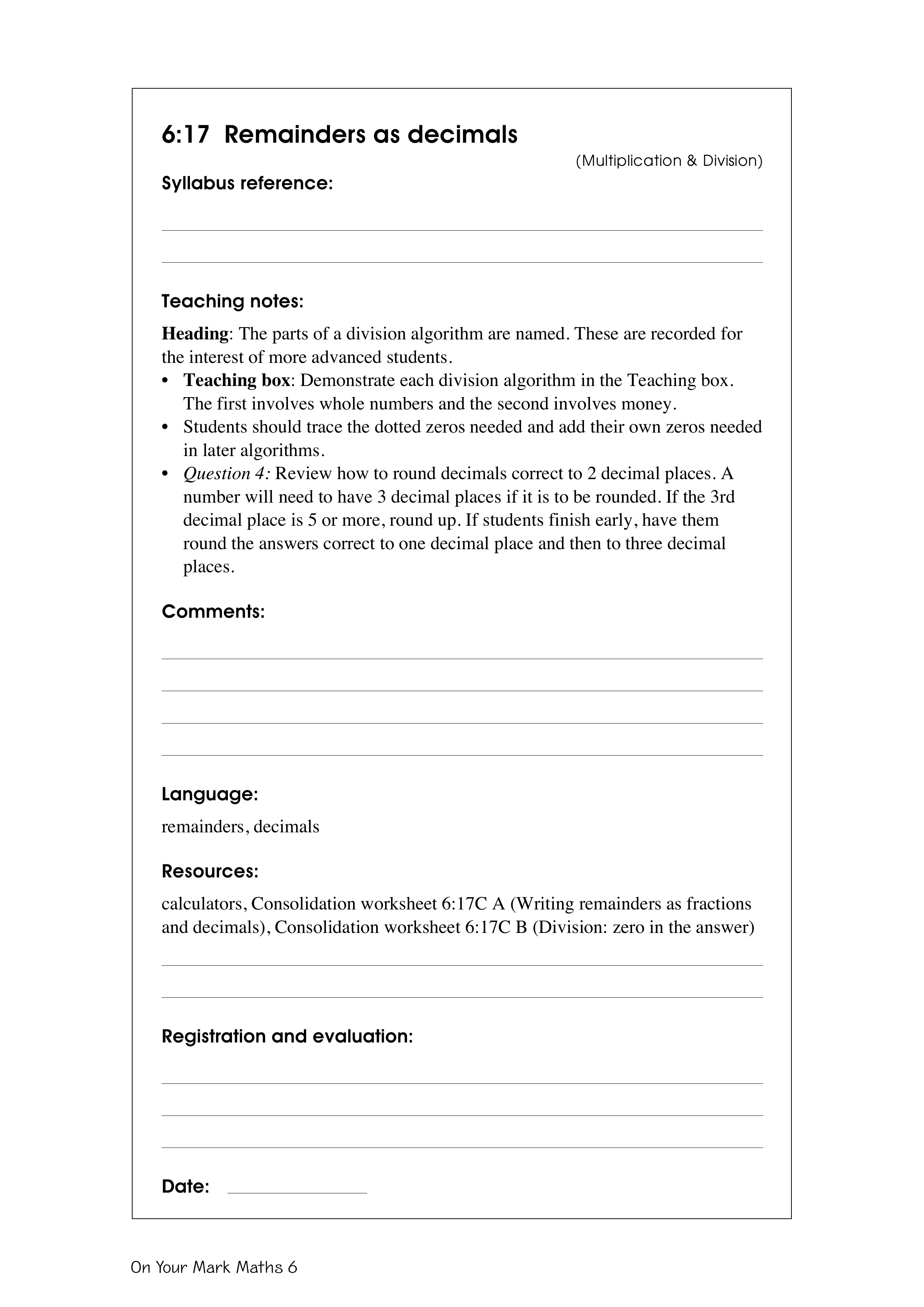 Remainders as decimals — worksheet preview