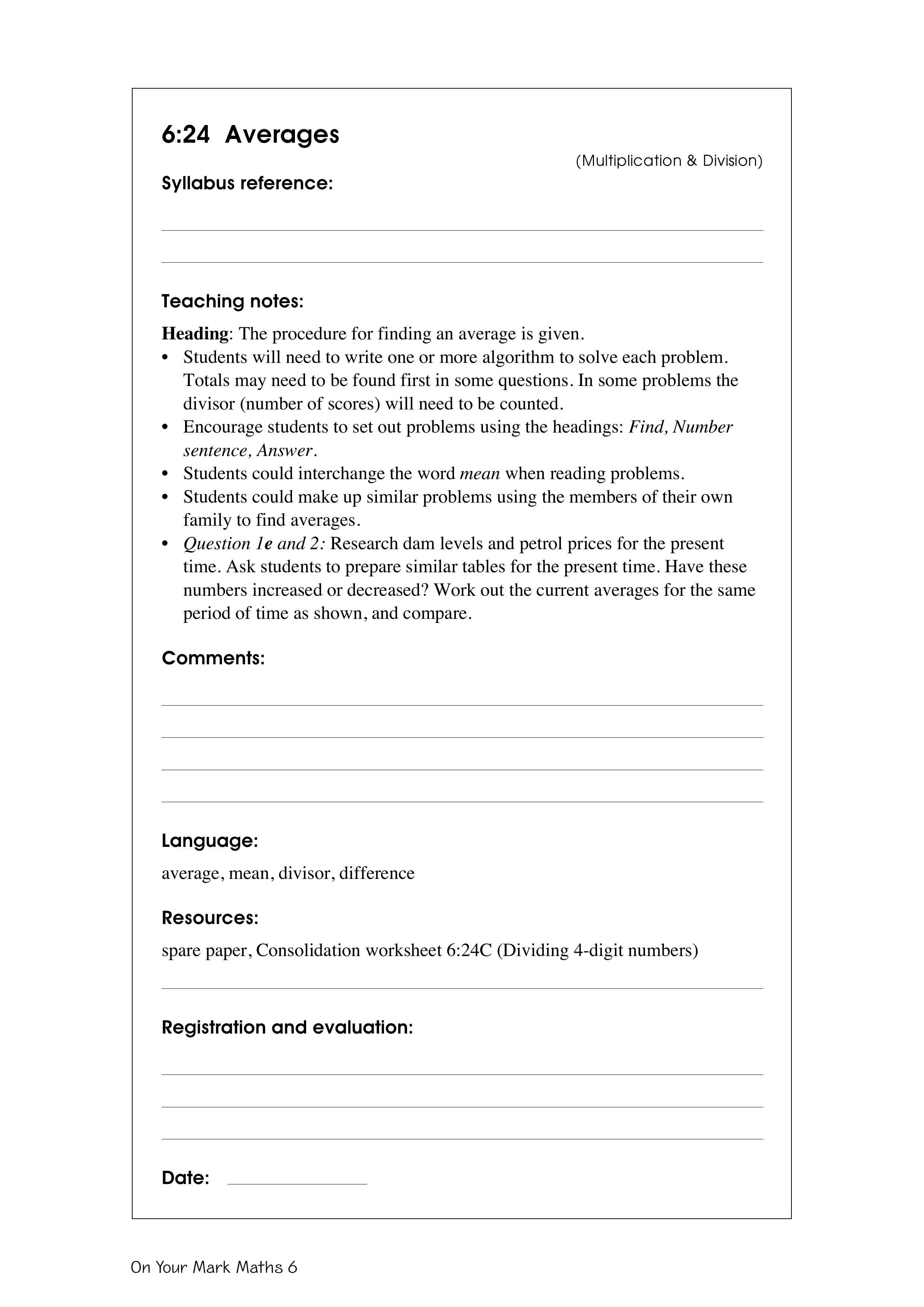 Averages — worksheet preview