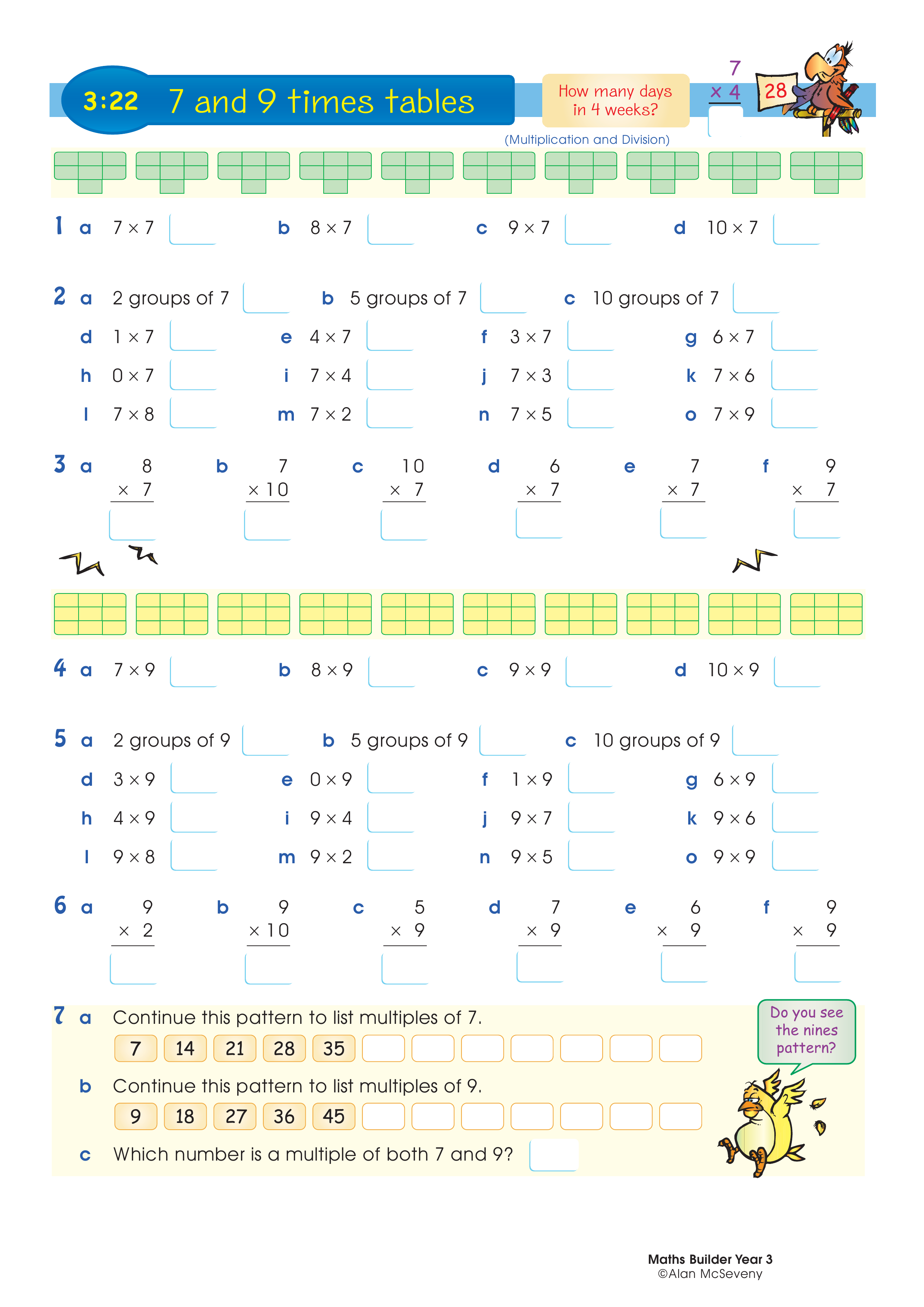 7 and 9 times tables — worksheet preview