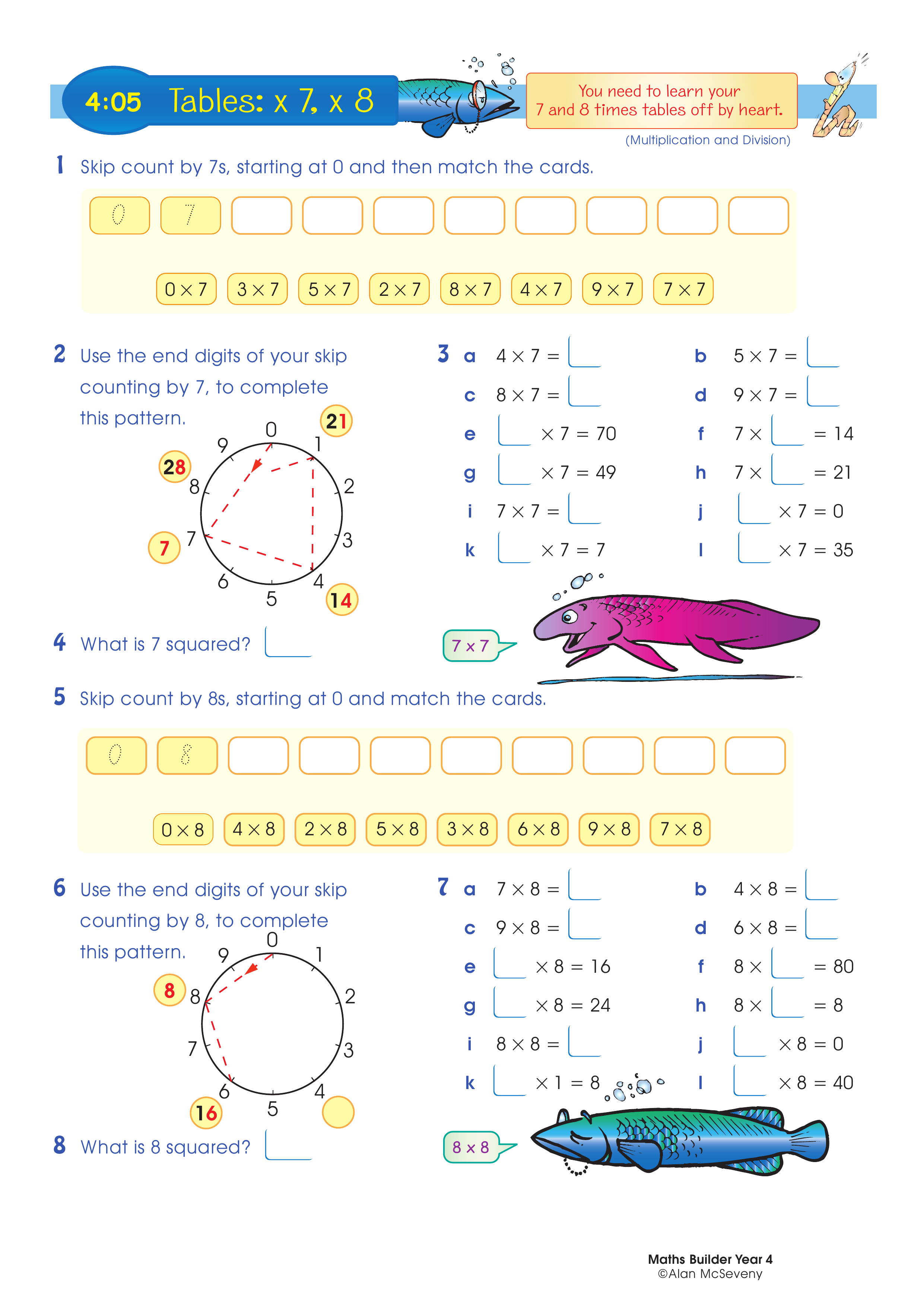 Tables: x 7, x 8 — worksheet preview