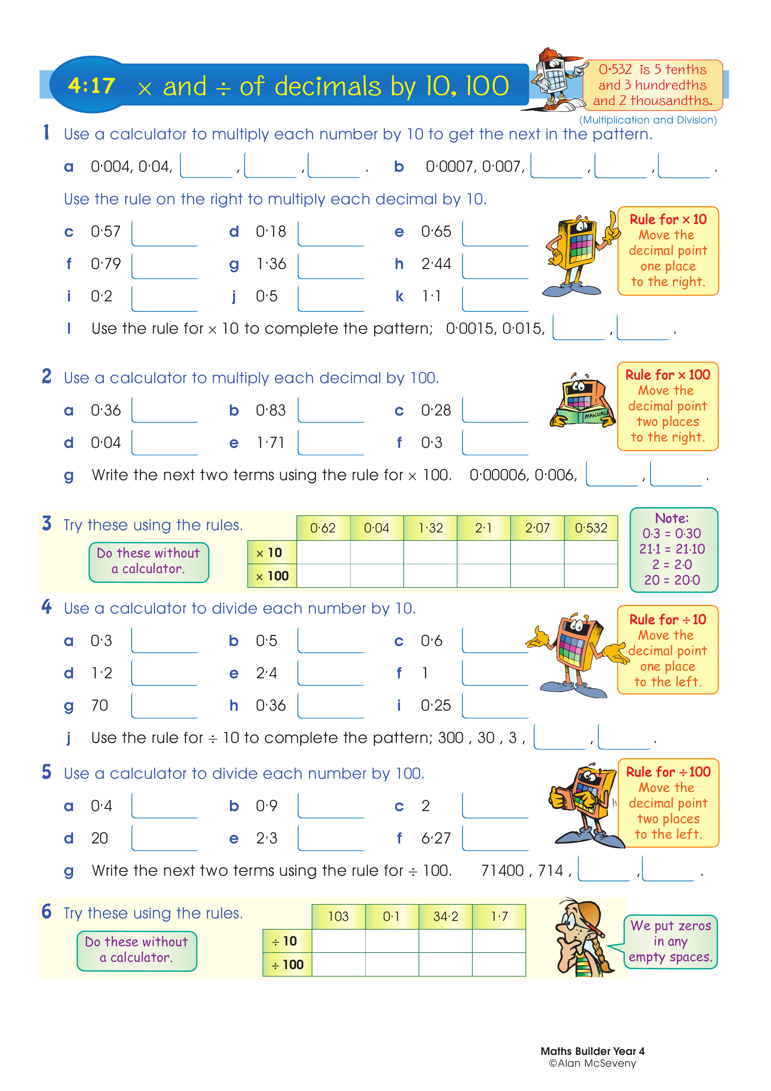 Multiply and divide decimals by 10, 100 — worksheet preview