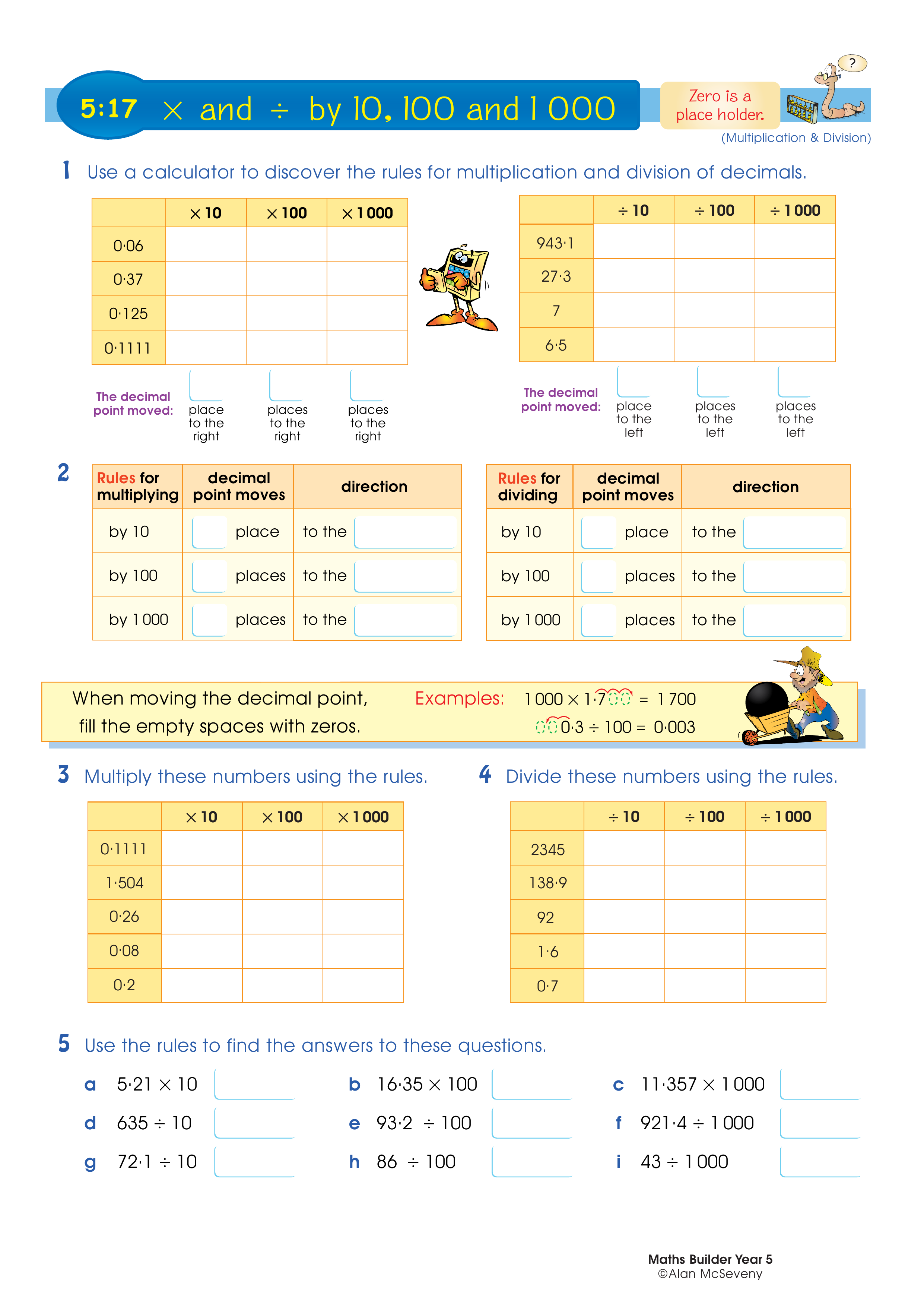 × and ÷ by 10, 100 and 1000 — worksheet preview