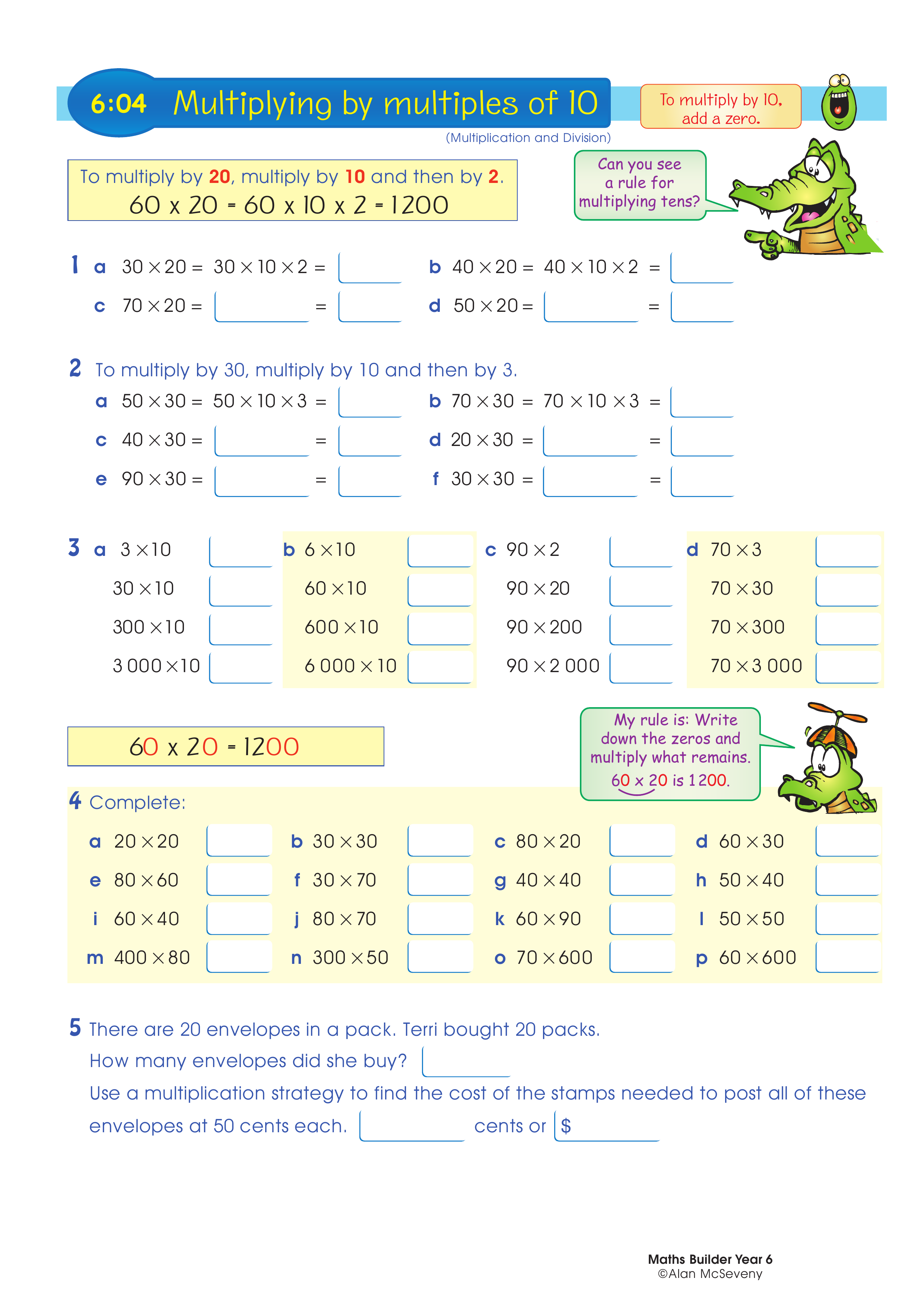 Multiplying by multiples of 10 — worksheet preview