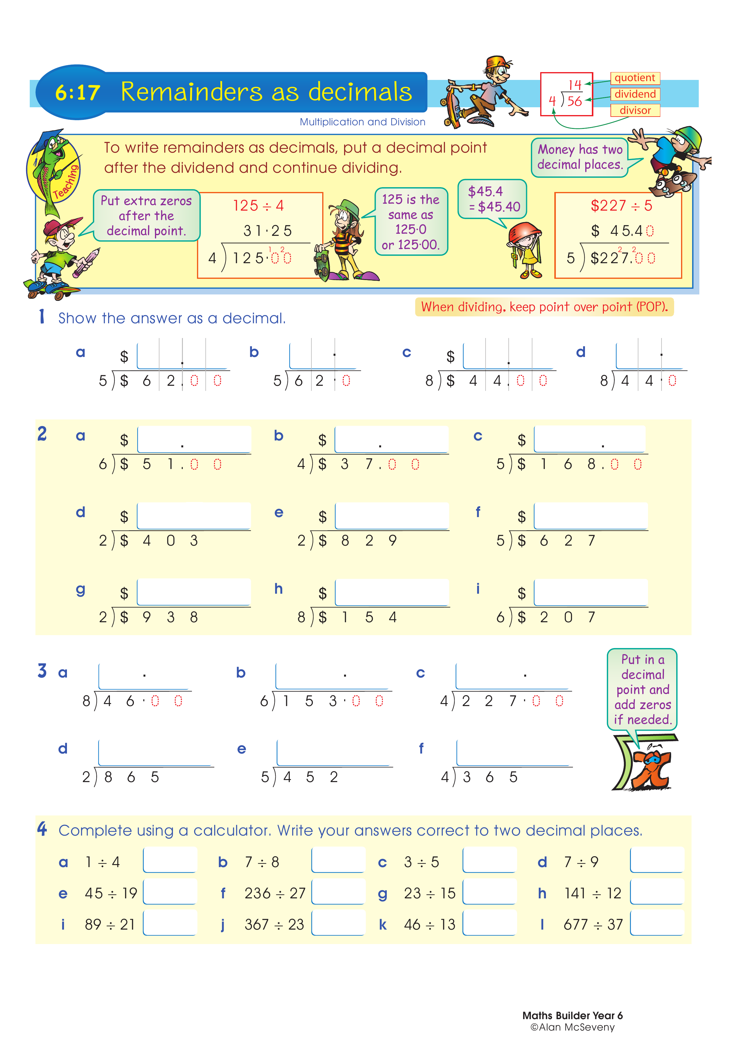 Remainders as decimals — worksheet preview