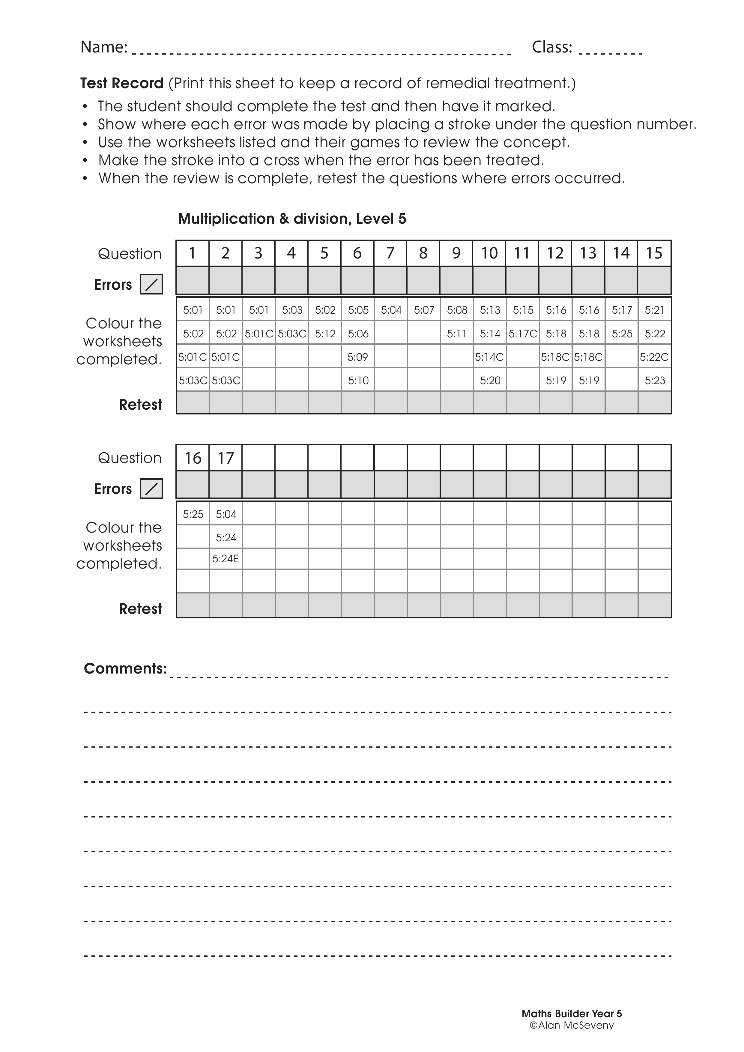 Assessment test records — worksheet preview