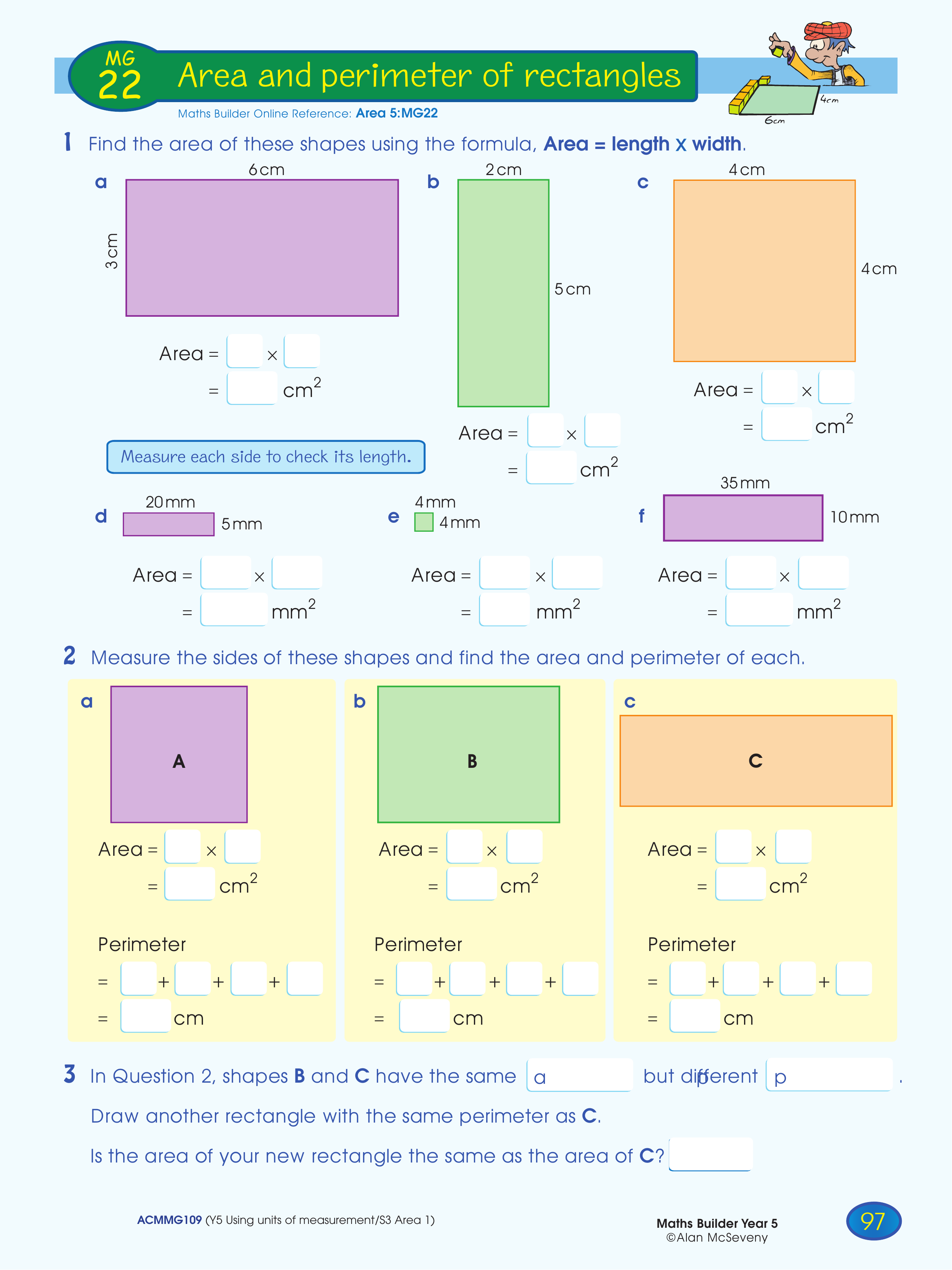 Area and perimeter of rectangles — worksheet preview