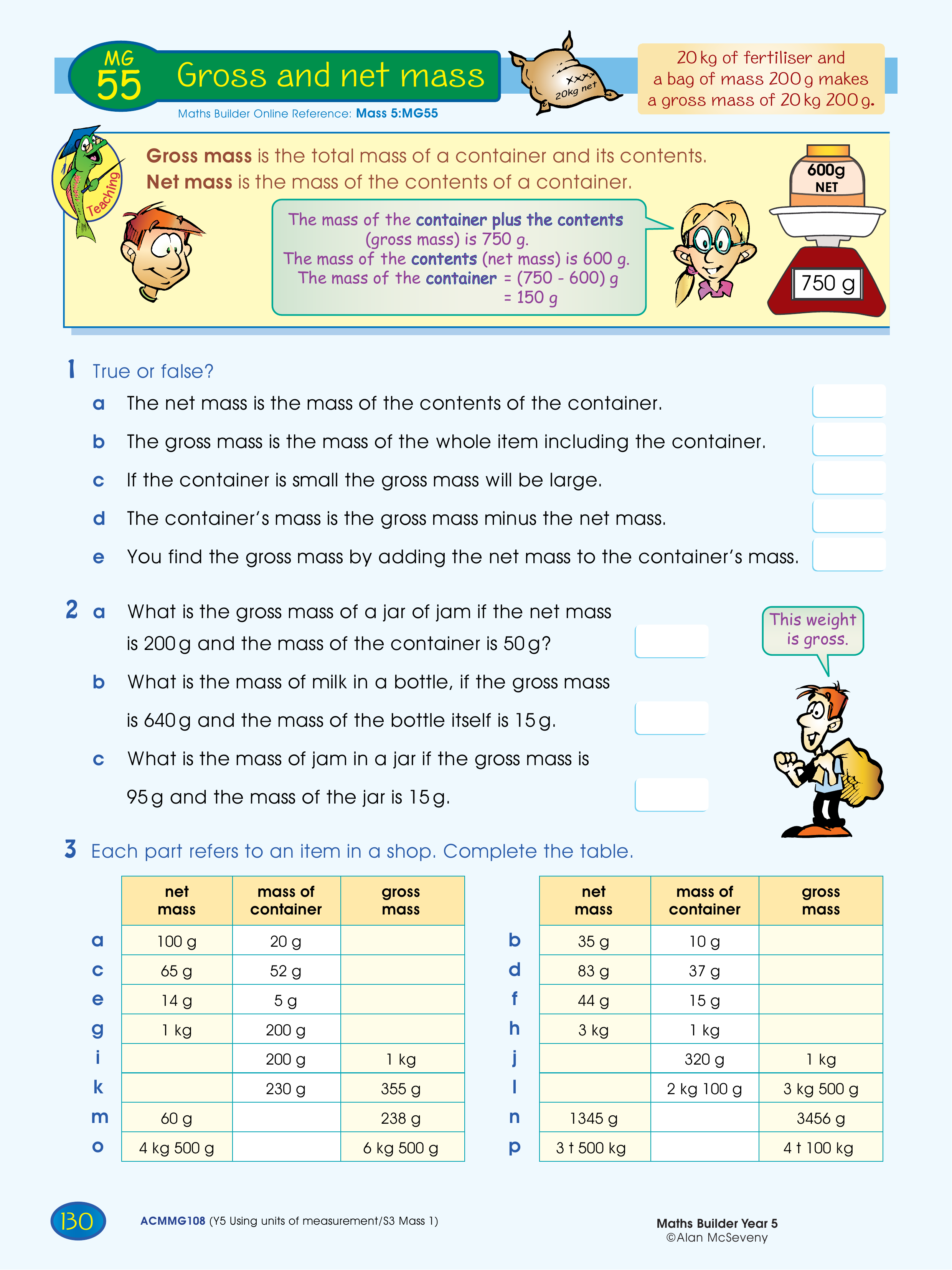 Gross and net mass — worksheet preview