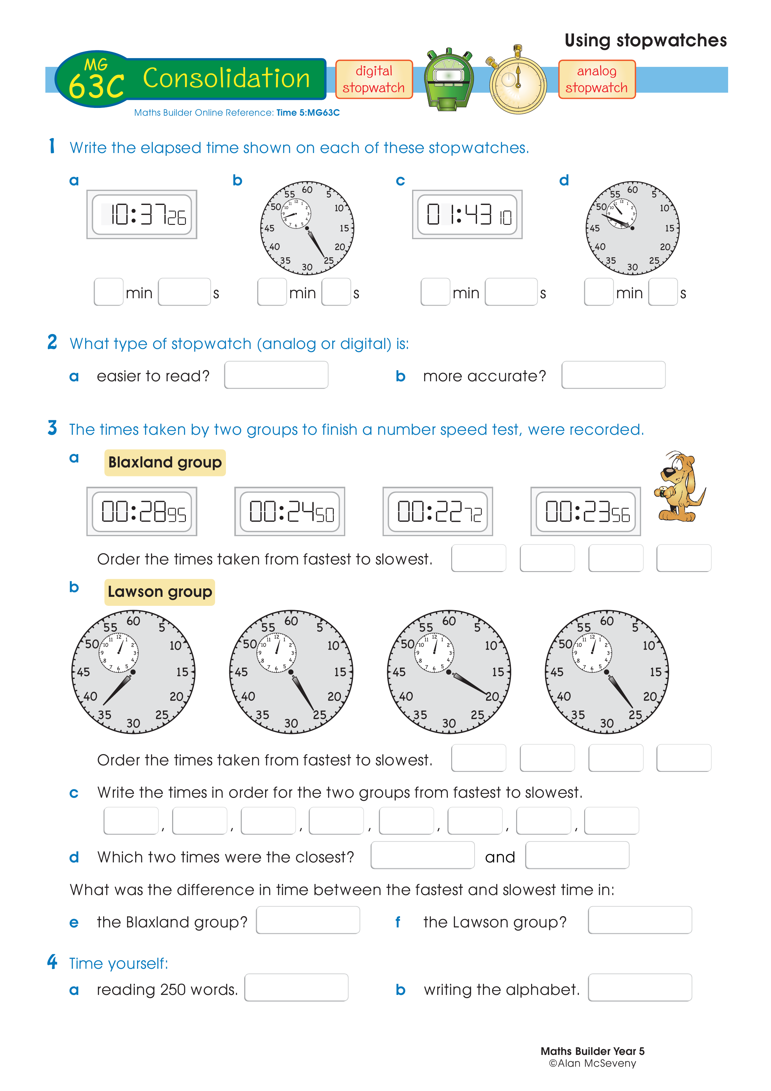 Using stopwatches — worksheet preview