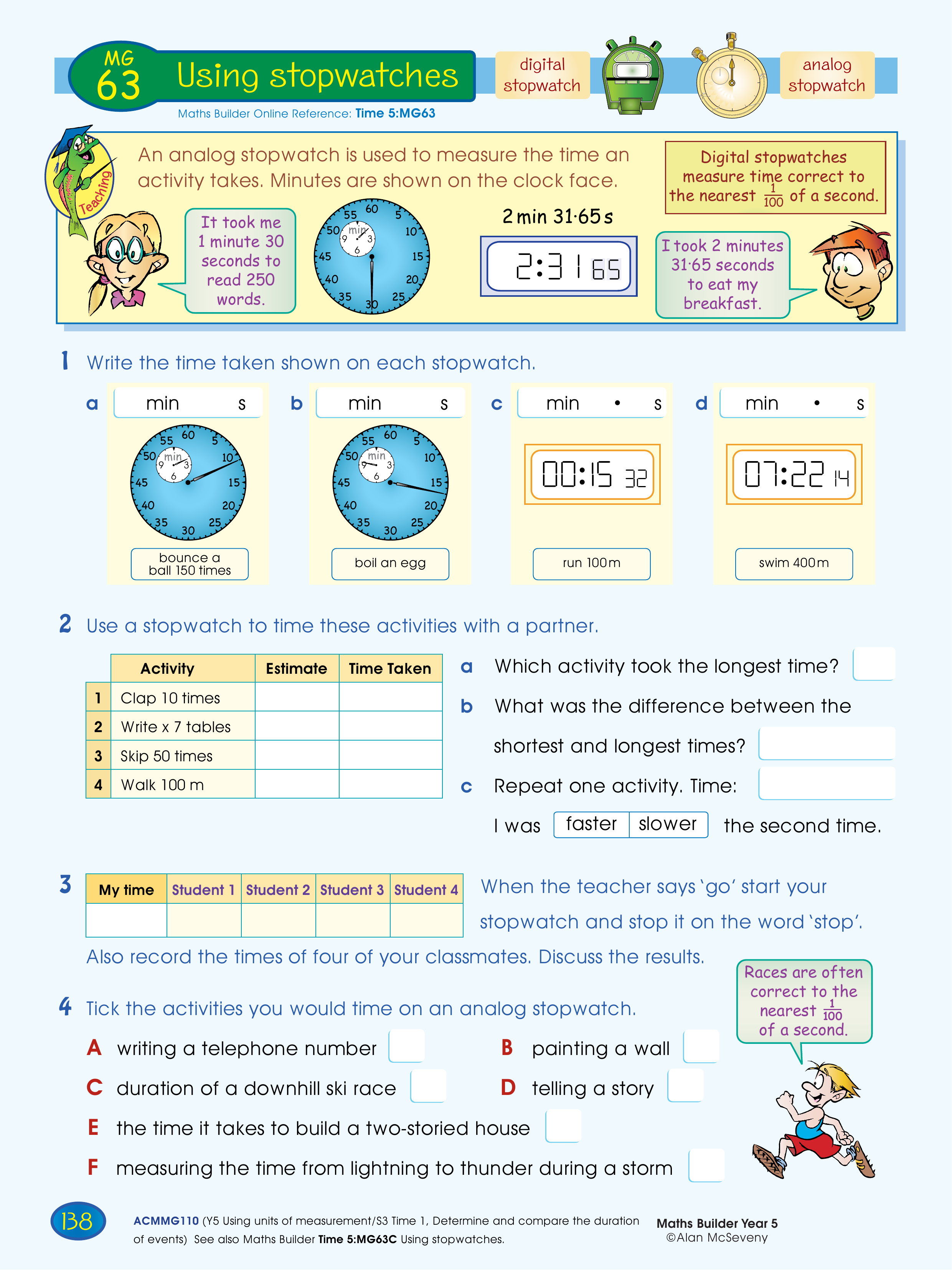 Using stopwatches — worksheet preview