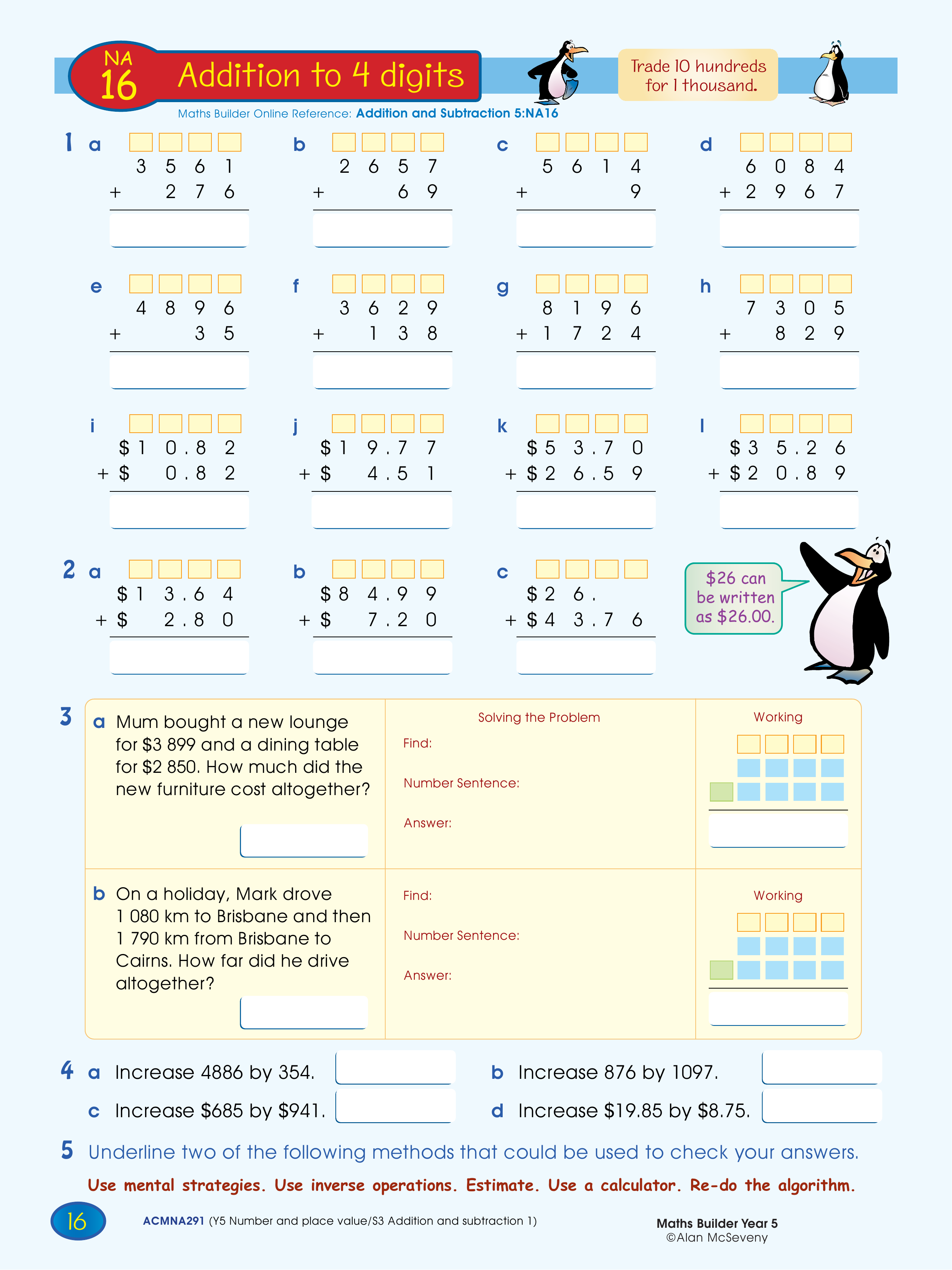 Addition to 4 digits — worksheet preview