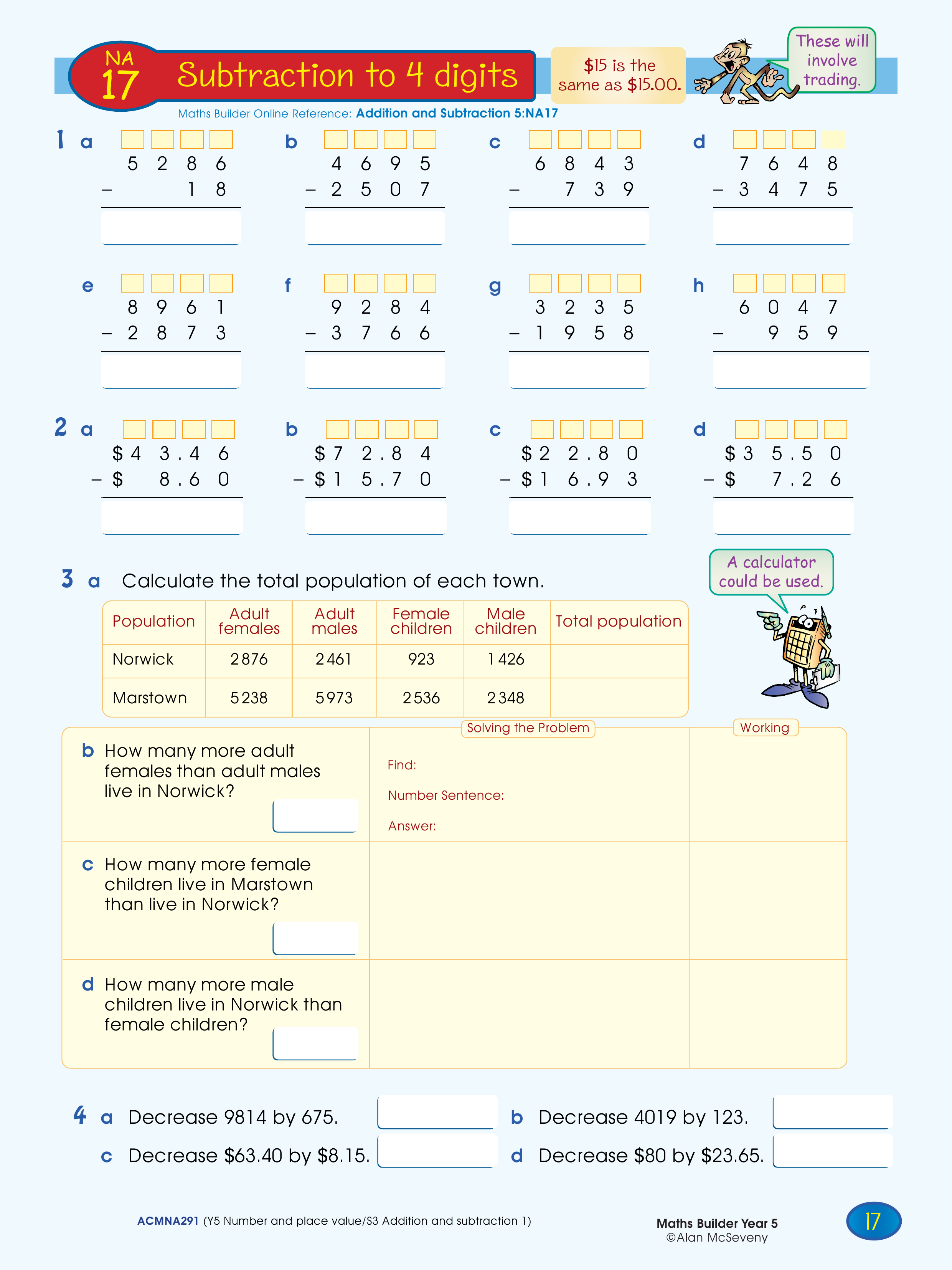 Subtraction to 4 digits — worksheet preview