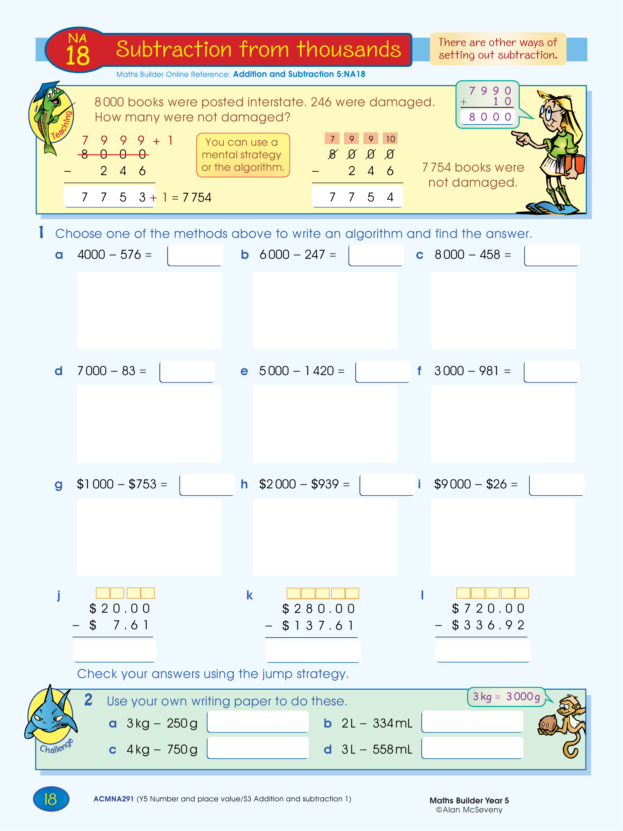 Subtracting from thousands — worksheet preview