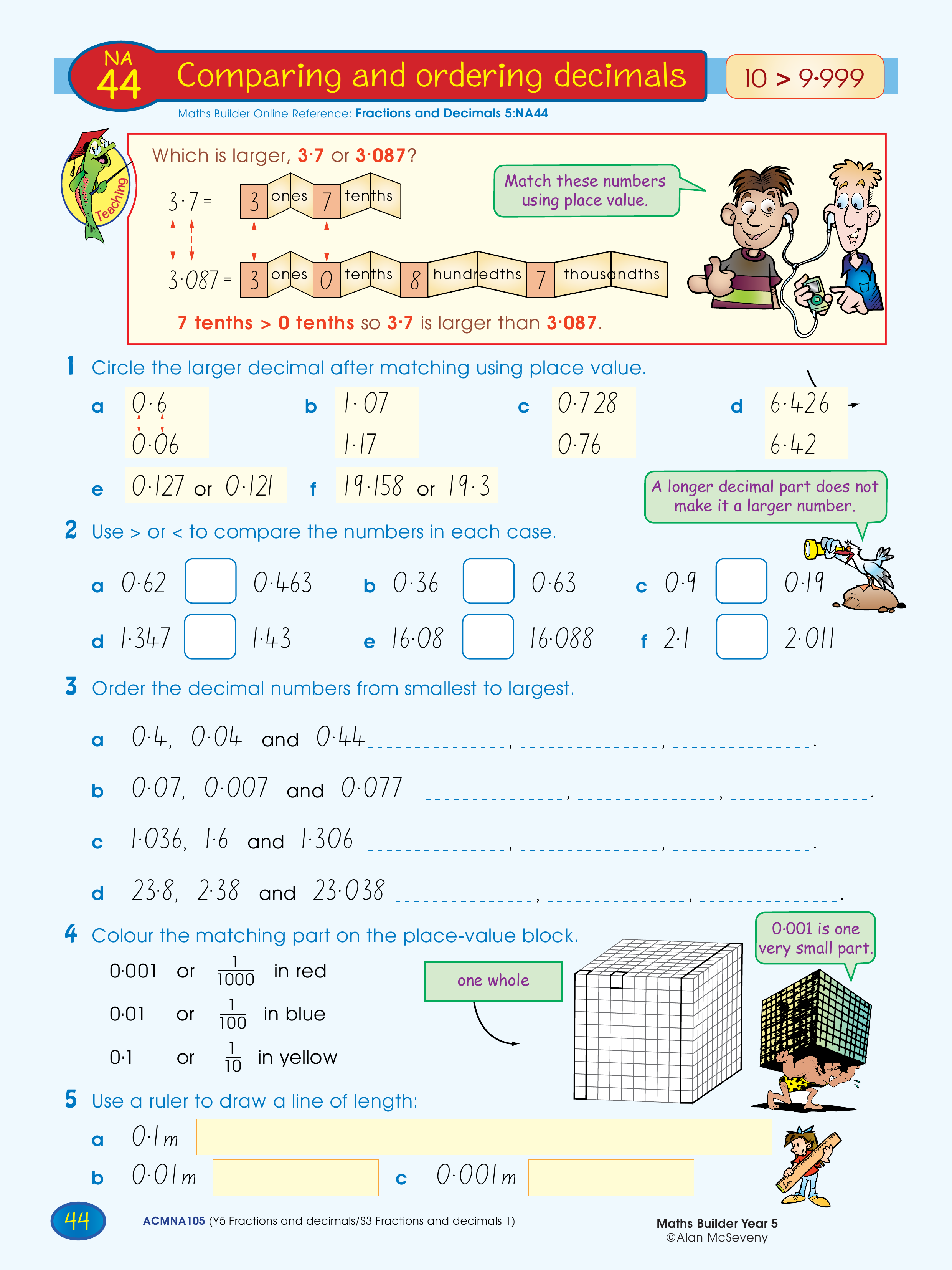 Comparing and ordering decimals — worksheet preview
