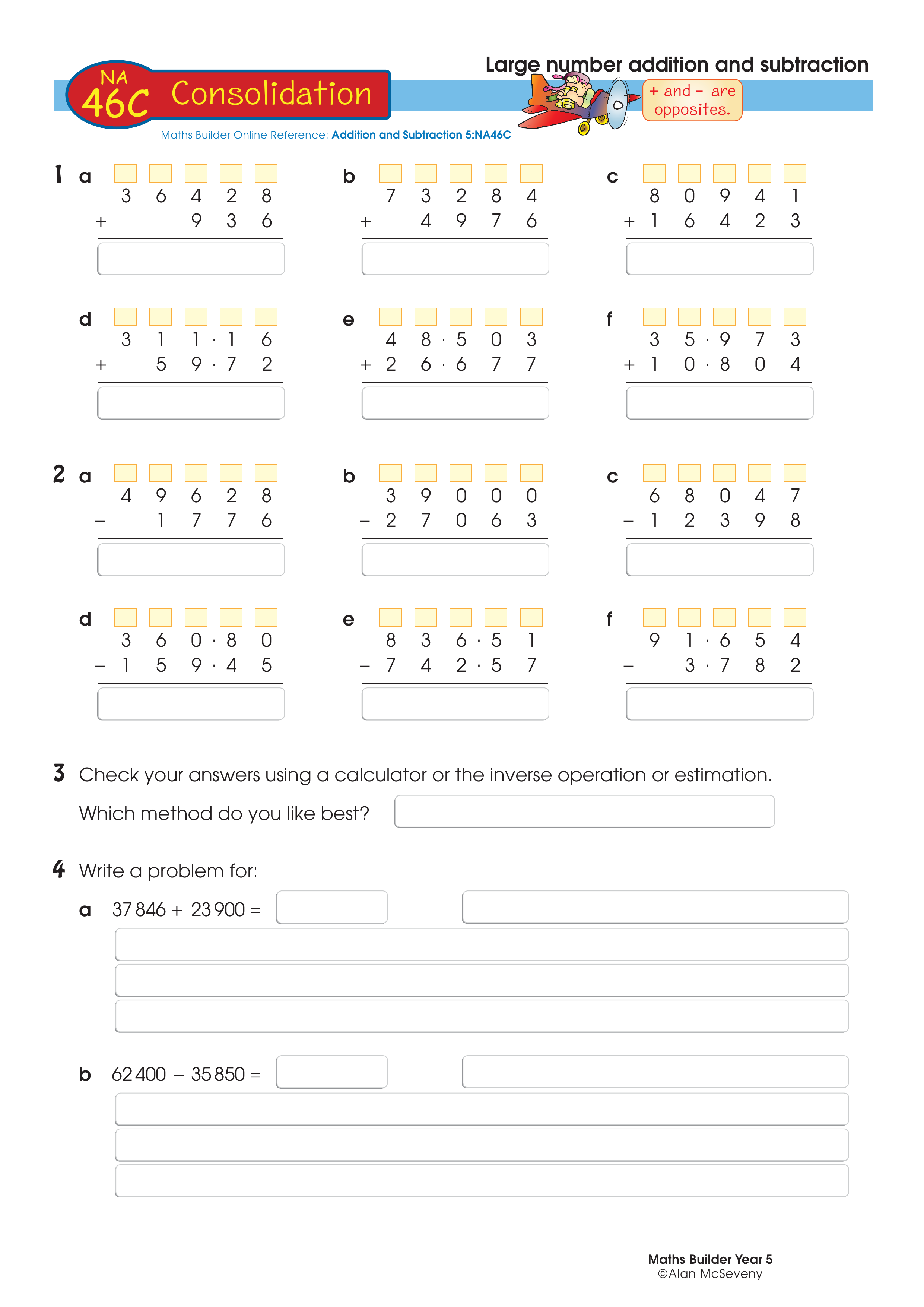 Large number addition and subtraction — worksheet preview