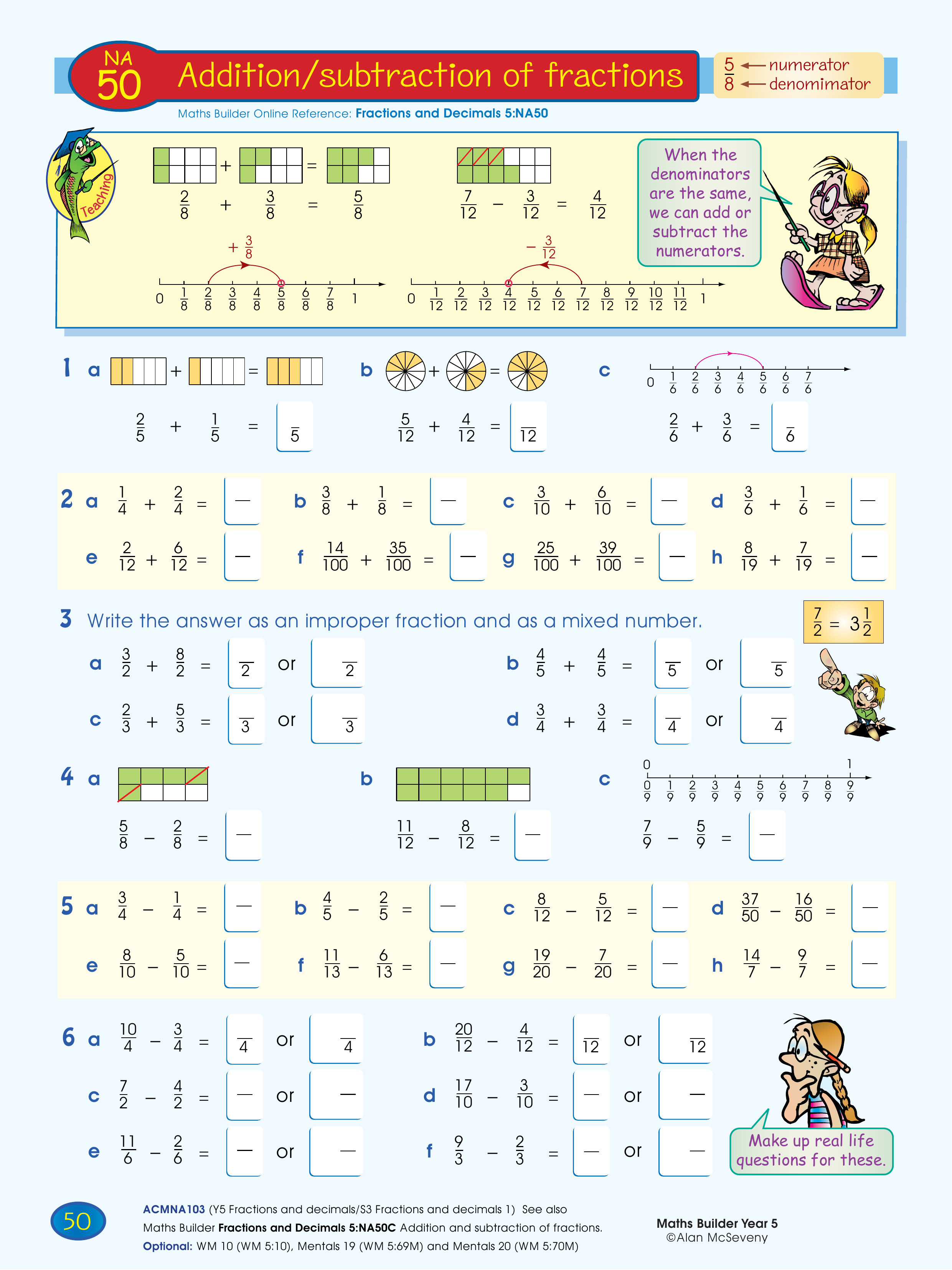 Addition/subtraction of fractions — worksheet preview