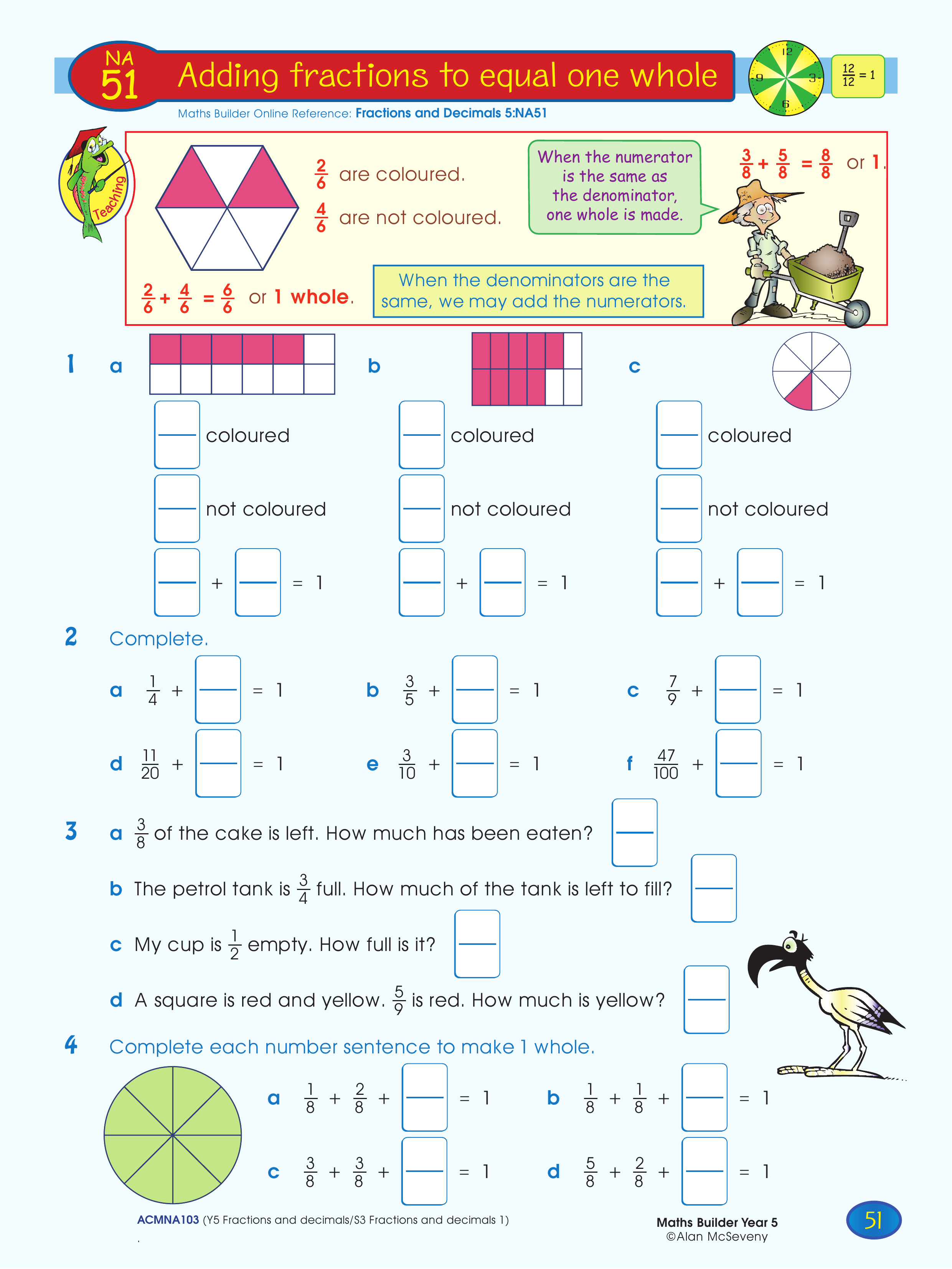 Adding fractions to equal one whole — worksheet preview