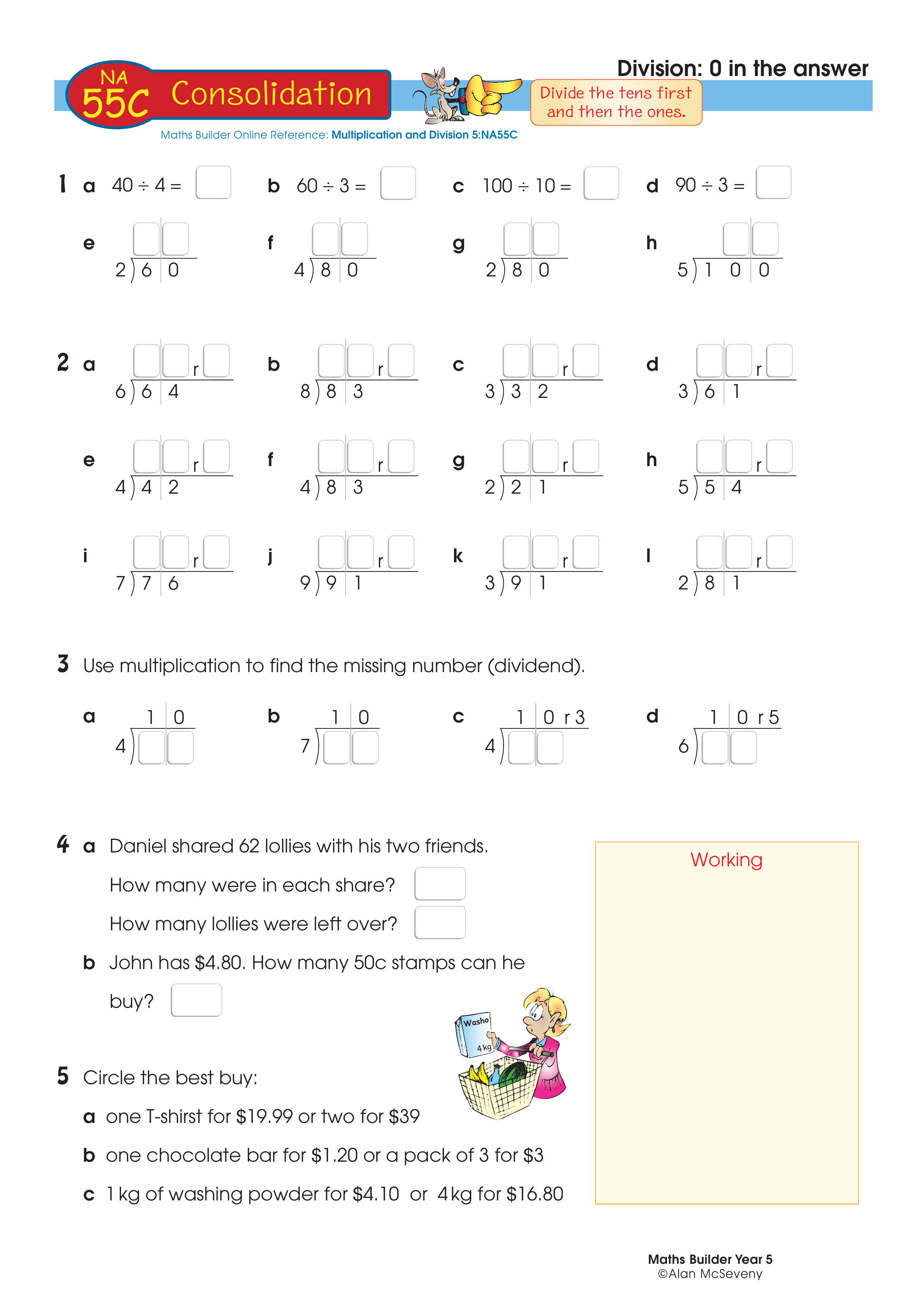 Division: 0 in the answer — worksheet preview